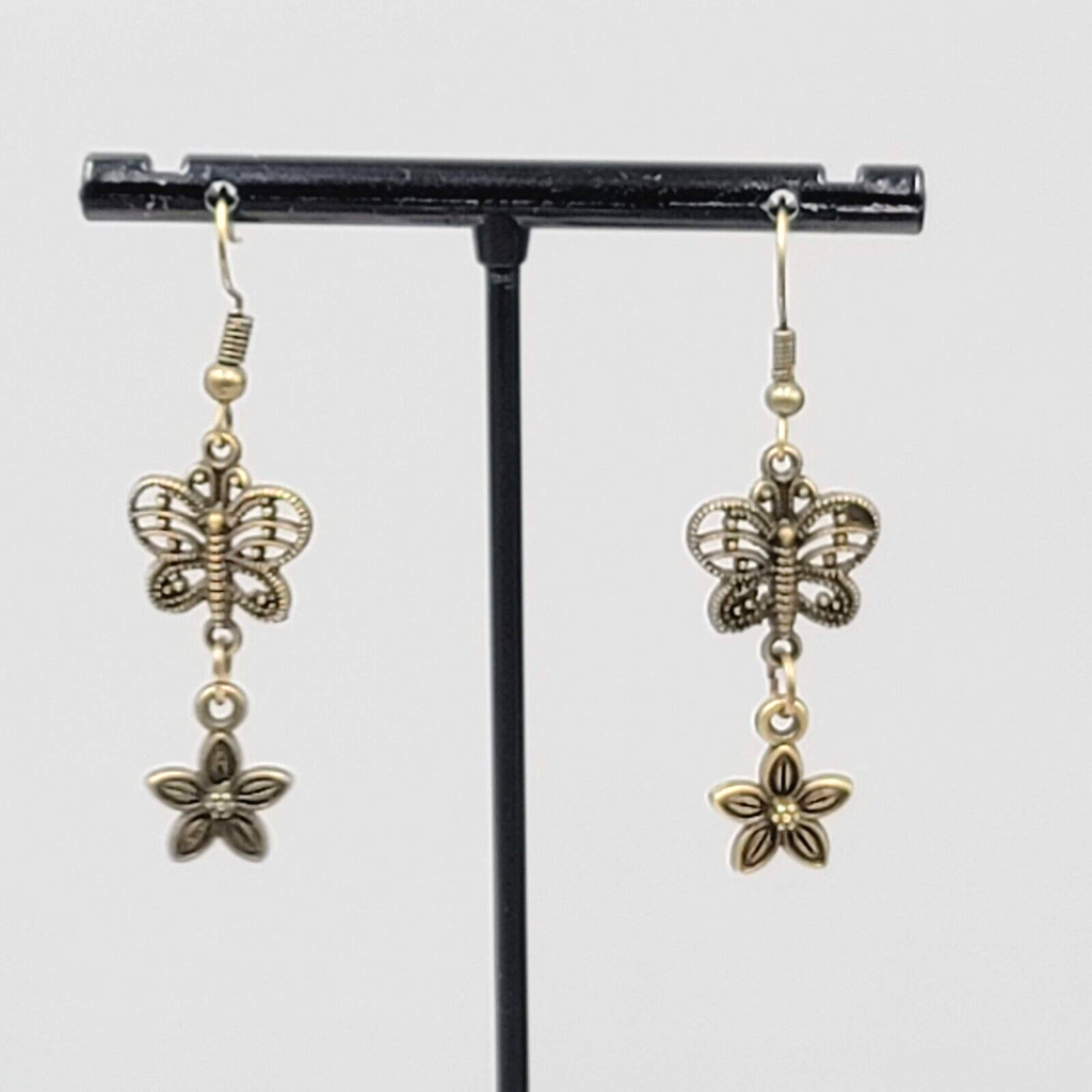 New Filigree Butterfly Flower Pierced Earrings Bronze tone Dangle 1.25"