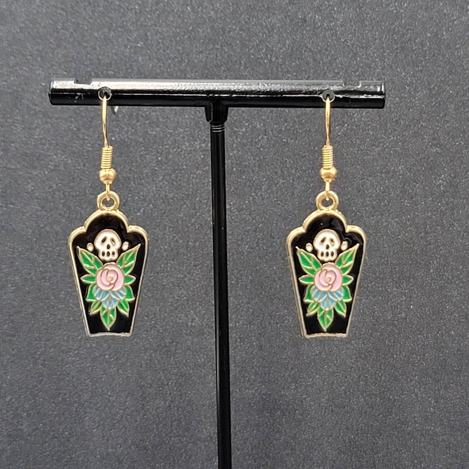 Halloween Coffin Pierced Earrings Skull Enamel Flowers Gold tone Dangle 1"