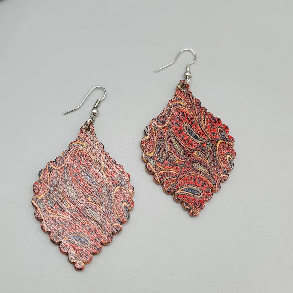 Wood Pierced Earrings Paisley Dangle 2.25"
