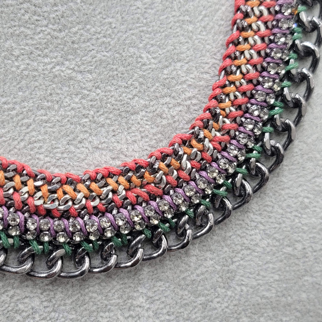 Chain Bib Necklace Rhinestone Red Orange Purple Green 16"-18"
