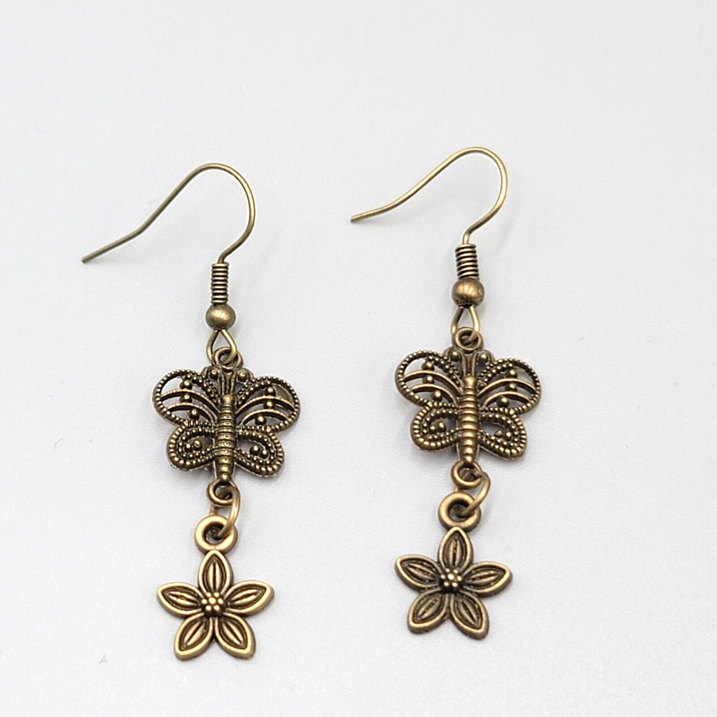 New Filigree Butterfly Flower Pierced Earrings Bronze tone Dangle 1.25"