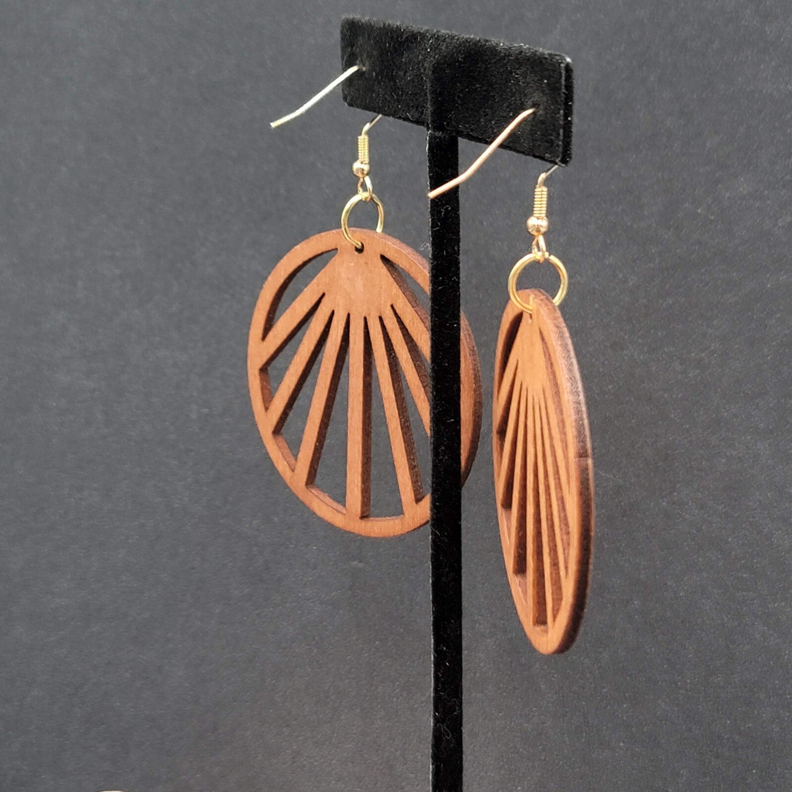 Pierced Earrings Laser Cut Boho Round Wood Dangle Gold tone 2"