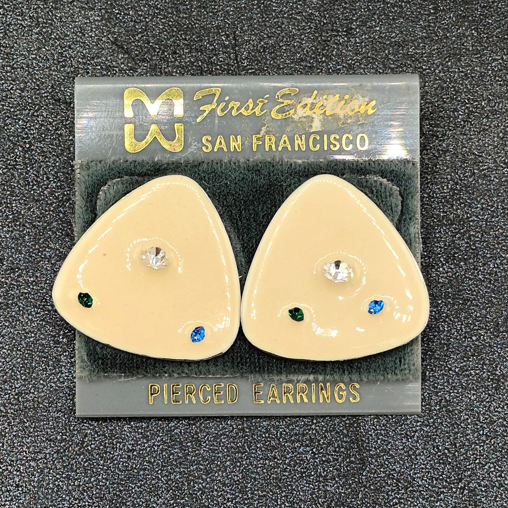 Vintage Pierced Earrings White Enamel Blue Clear Crystal Accent Triangle  1"