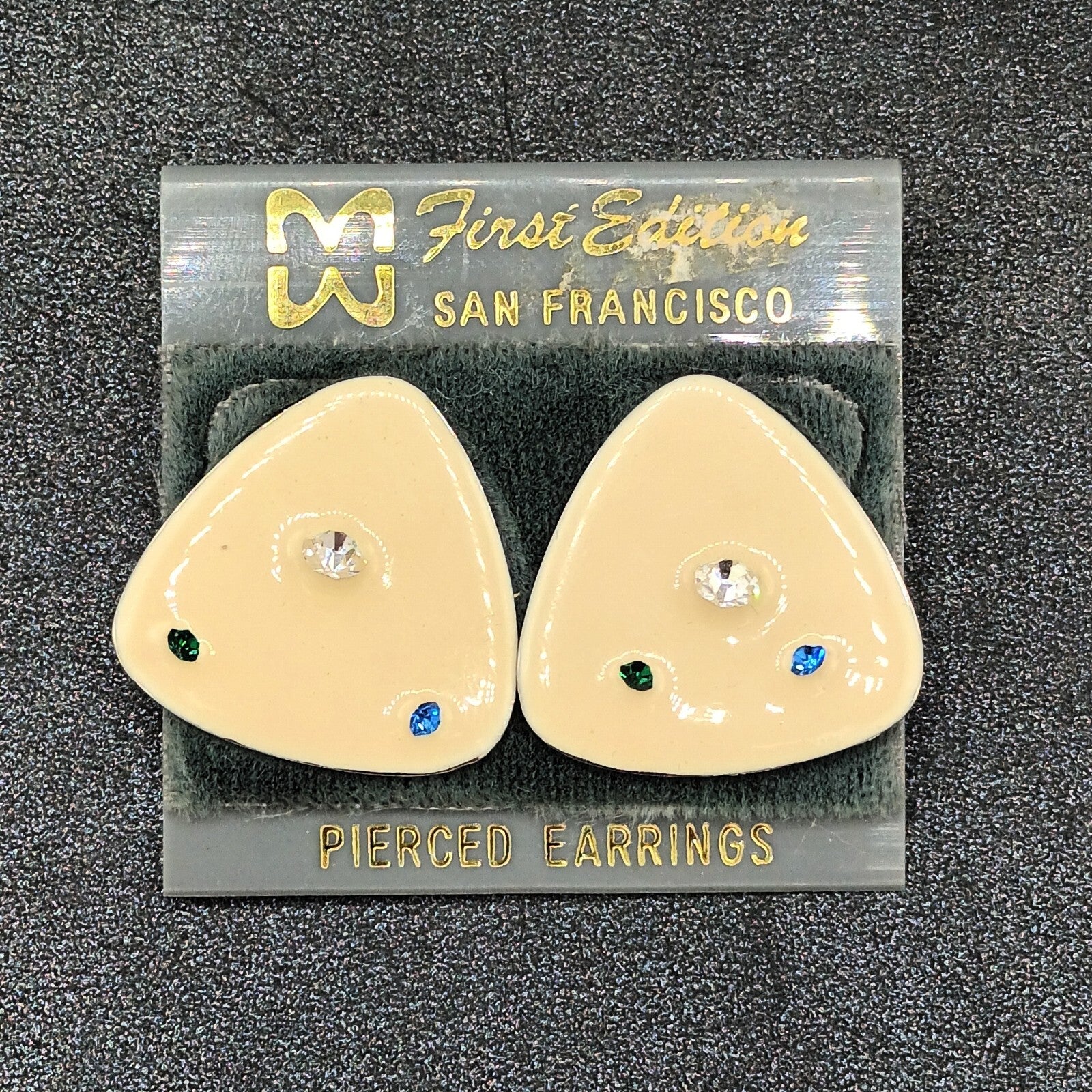 Vintage Pierced Earrings White Enamel Blue Clear Crystal Accent Triangle  1"