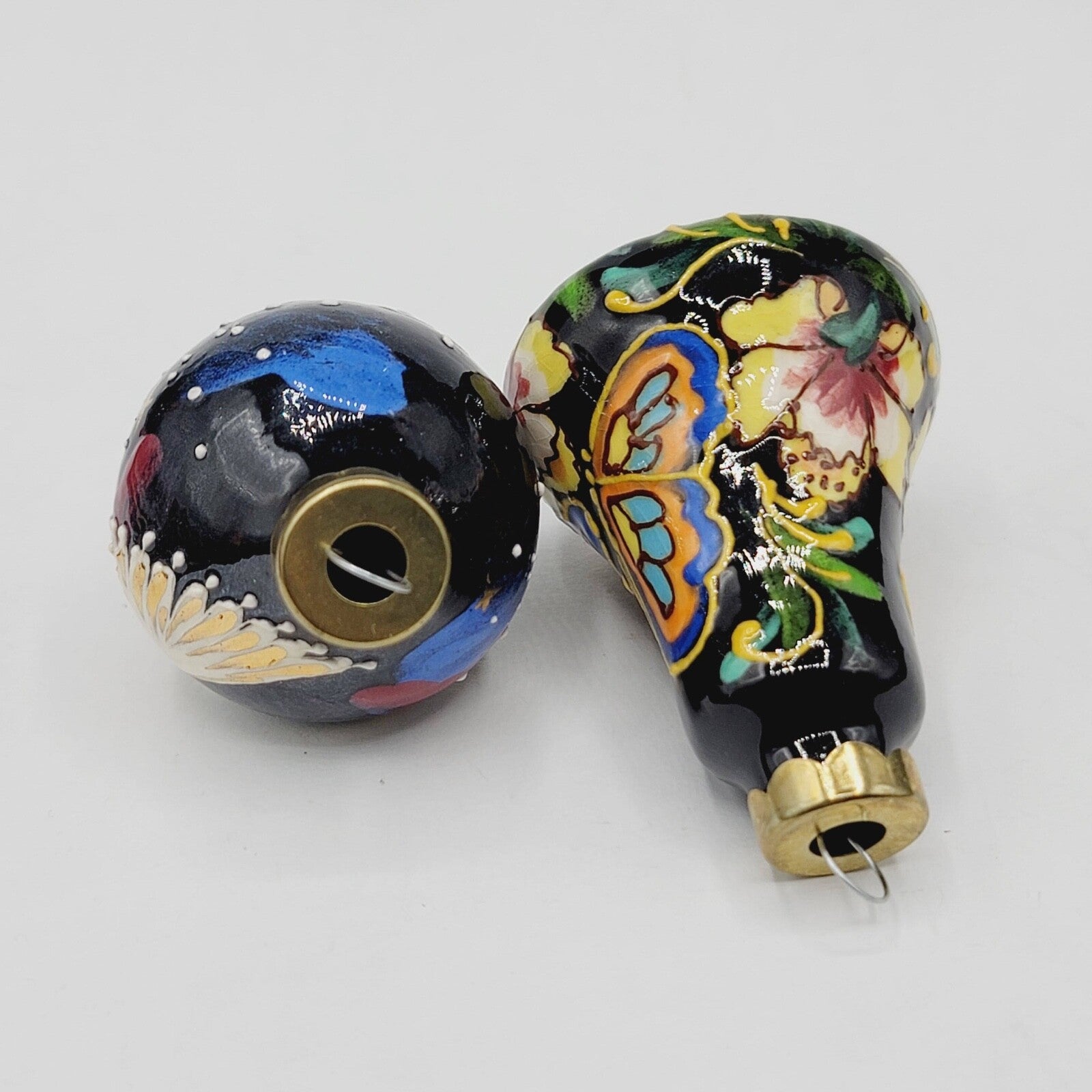 Hand Painted Christmas Ornament Uzbekistan Ceramic Butterflies Birds Lot of 2