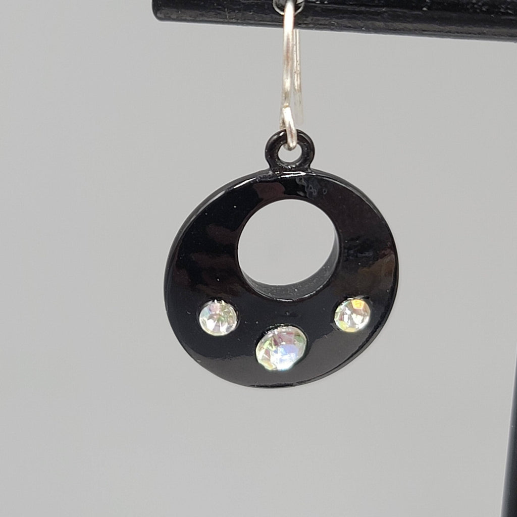 Pierced Earrings Black Enamel AB Rhinestone Silver tone Dangle 7/8"
