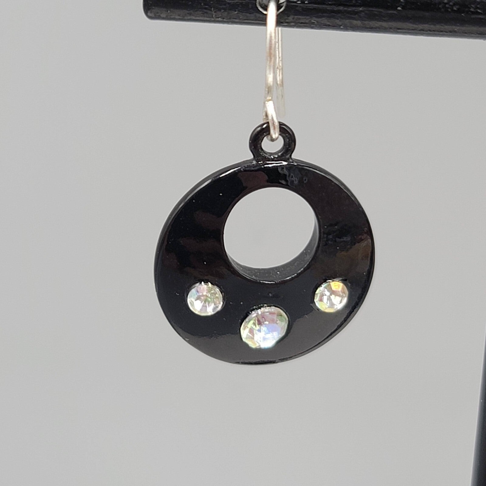 Pierced Earrings Black Enamel AB Rhinestone Silver tone Dangle 7/8"
