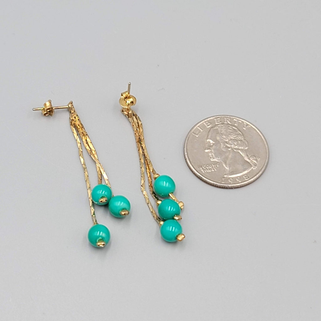 Vintage Dangle Chains Pierced Earrings Teal Bead 2"