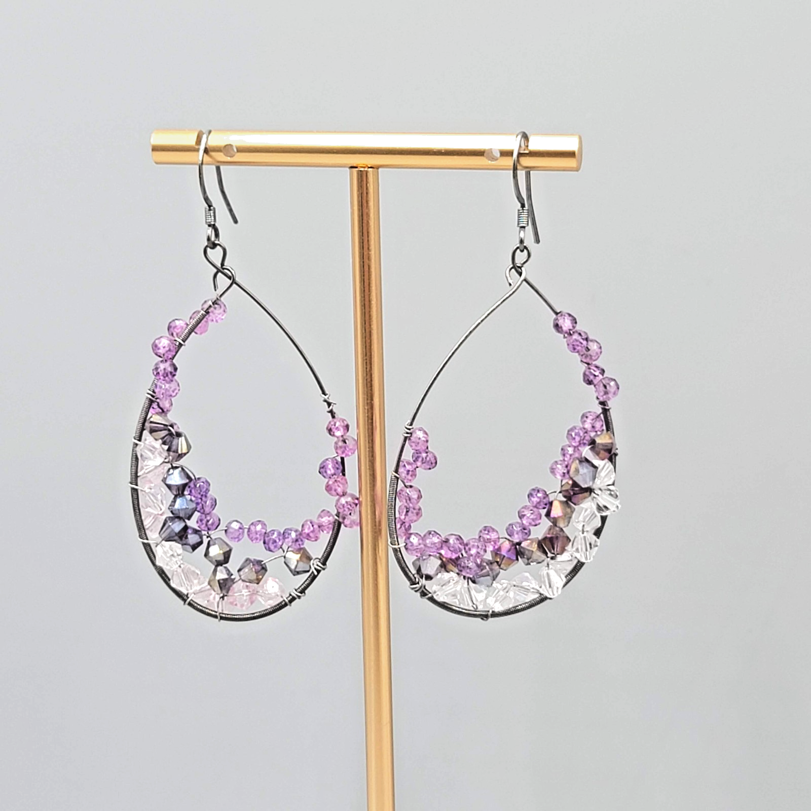 Purple Pink Gray Crystal Wrapped Teardrop Hoops Pierced Earrings 2 in
