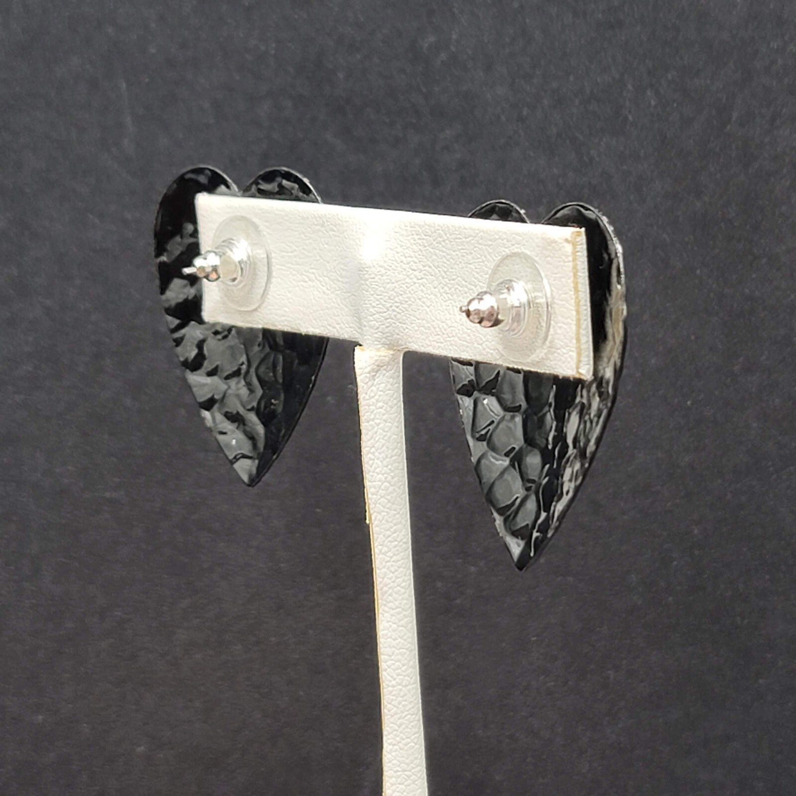 Vintage Heart Pierced Earrings Black Enamel Hammered Metal 1 3/8"
