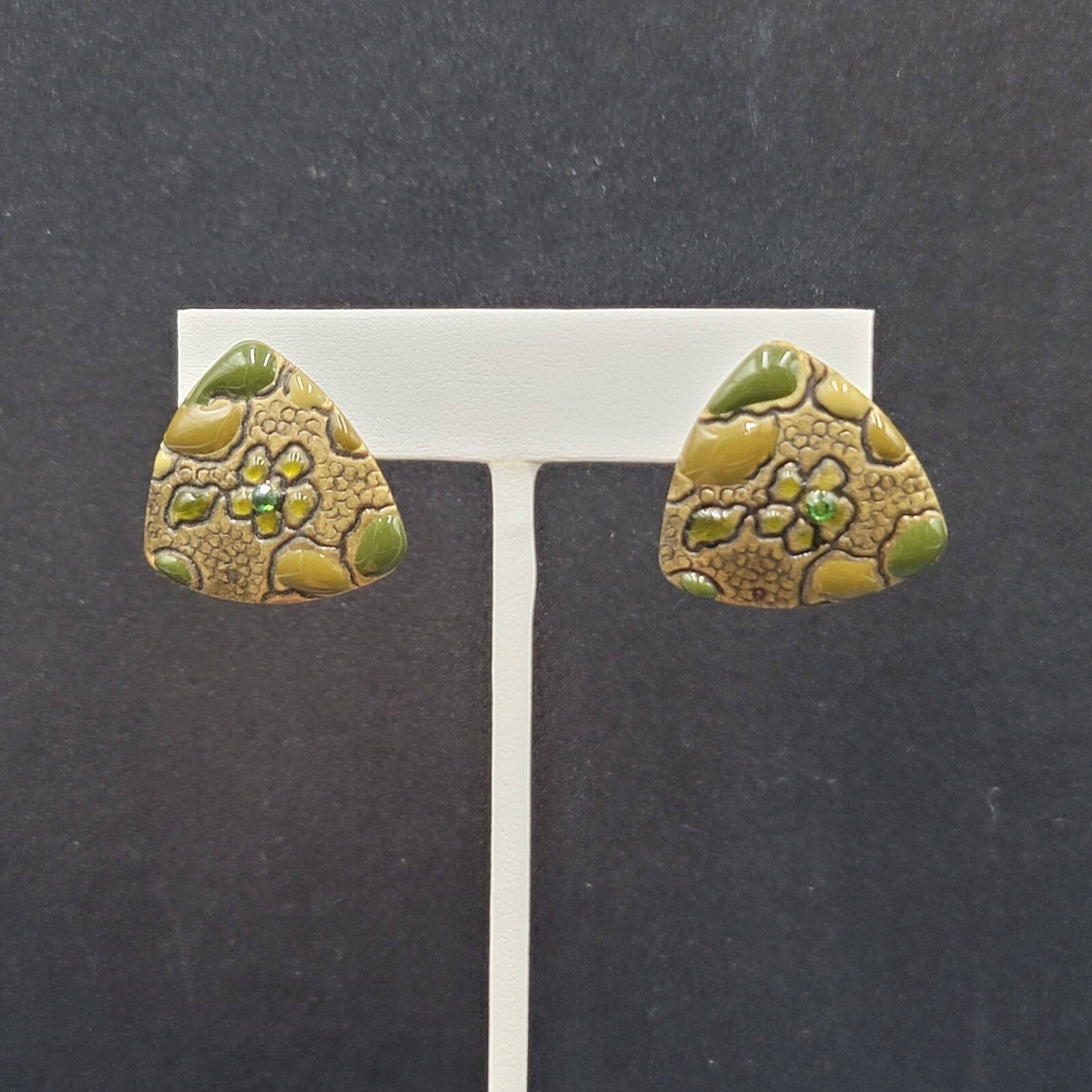 Pierced Earrings Bronze tone Green Rhinestone Enamel Triangle 1"
