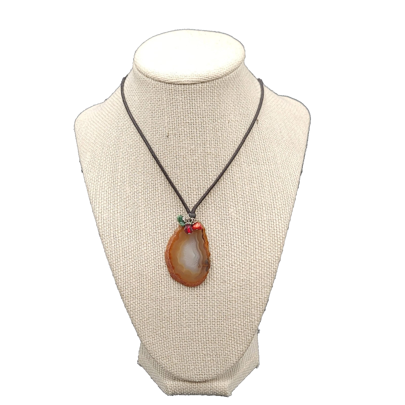 Banded Agate Geode Slice Pendant Necklace Beads Black Cord 15"-18"