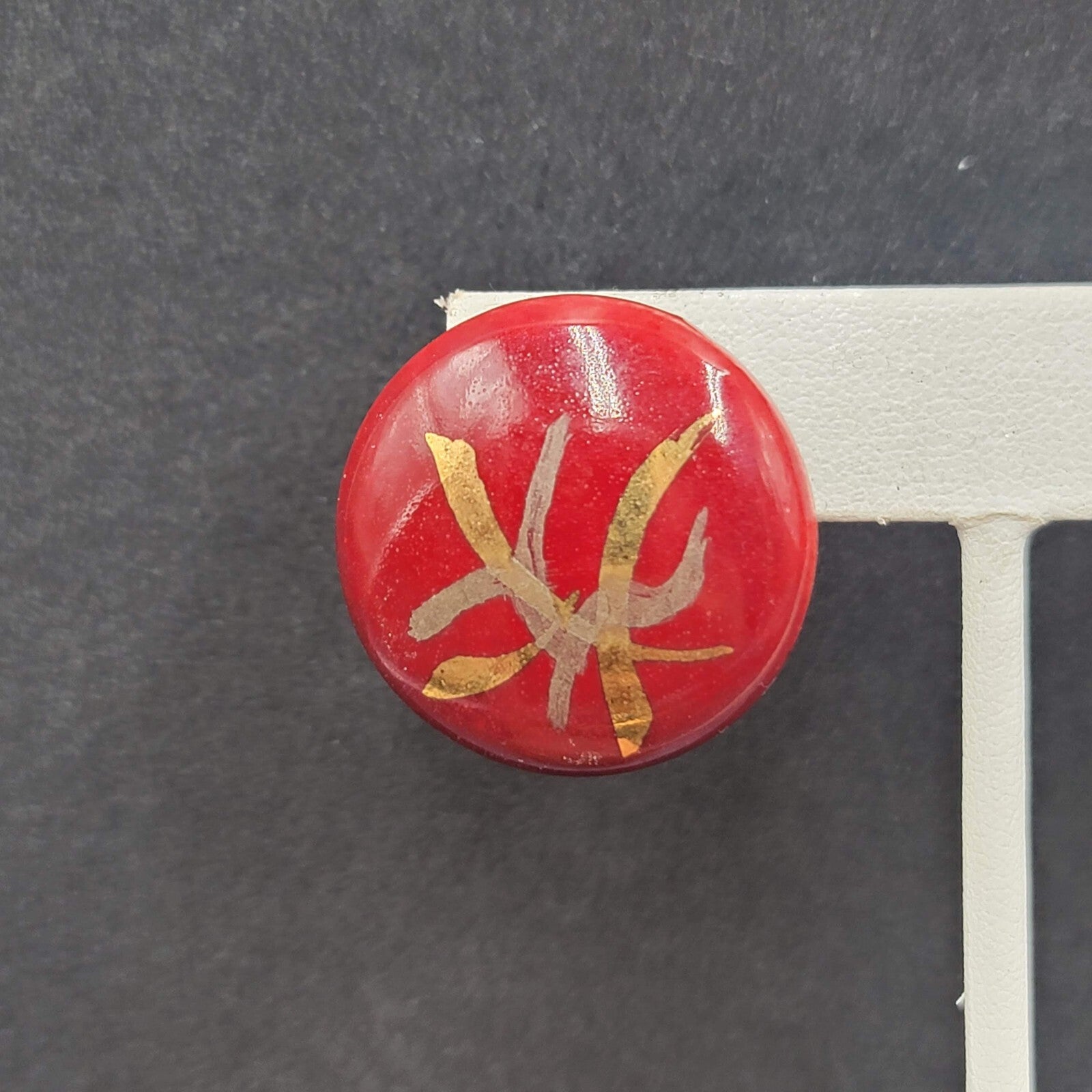Vintage Pierced Earrings Red Hand Painted Round Pottery Drop  1"