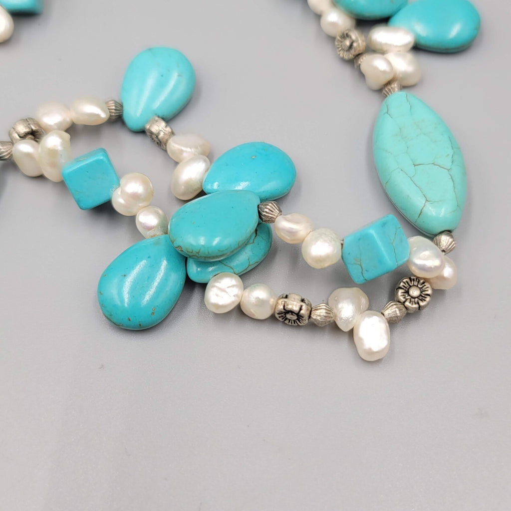Large Statement Stone Bead Necklace Blue Dyed Howlite Pearl Silver tone Toggle