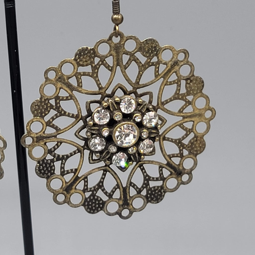 Pierced Earrings Bronze tone Large Metal Filigree Rhinestone Center Boho 1.75"