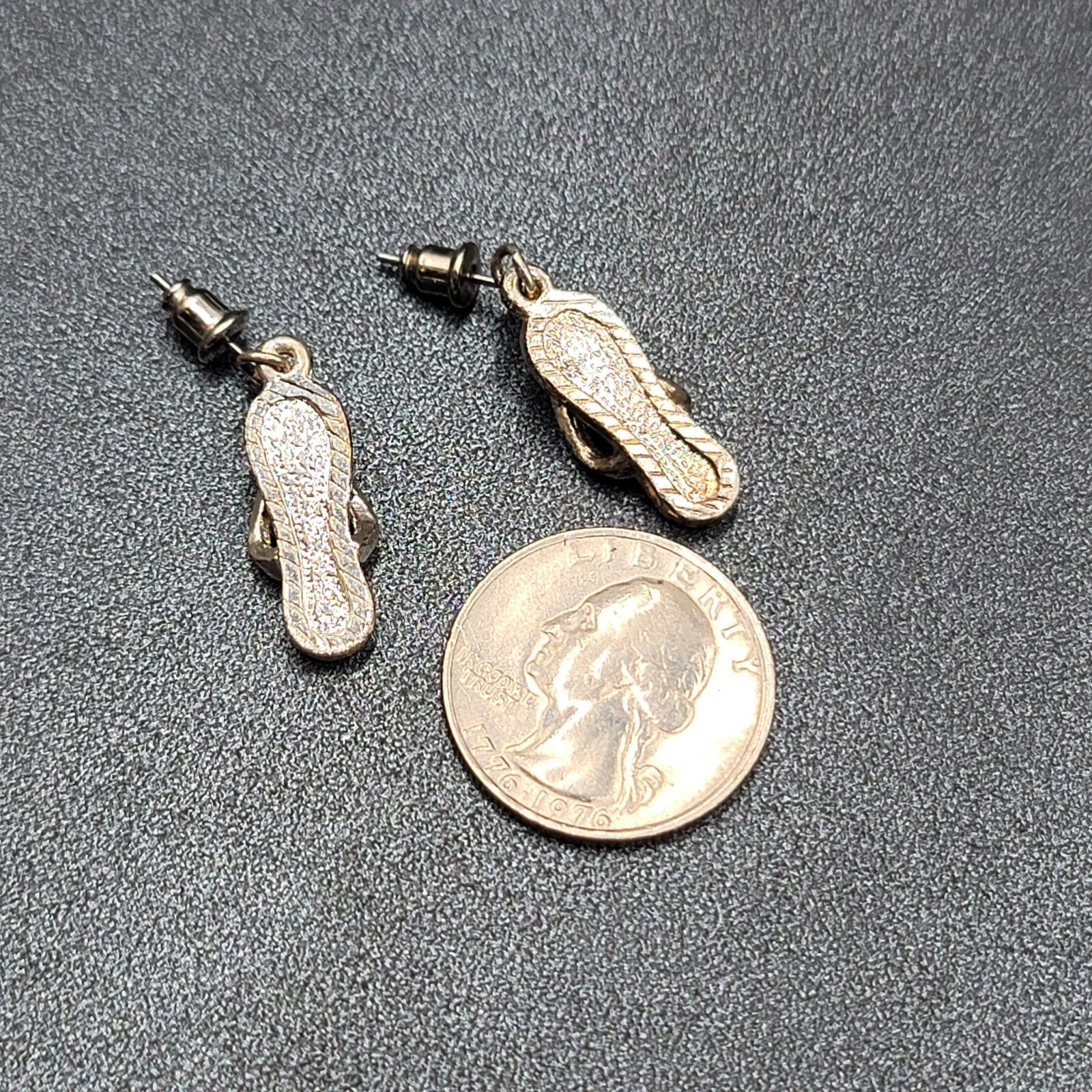 Pierced Earrings Black White Enamel Rhinestone Dangle Flip Flops Sandels 3/4"