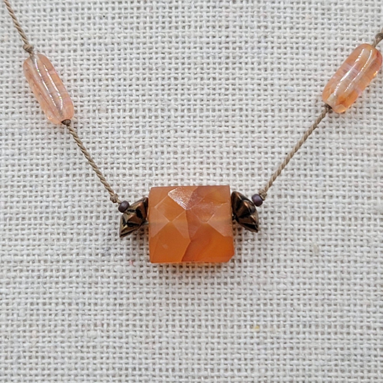 Dainty Orange Stone Necklace Hand Knotted Cord Station Copper tone Metal 17"