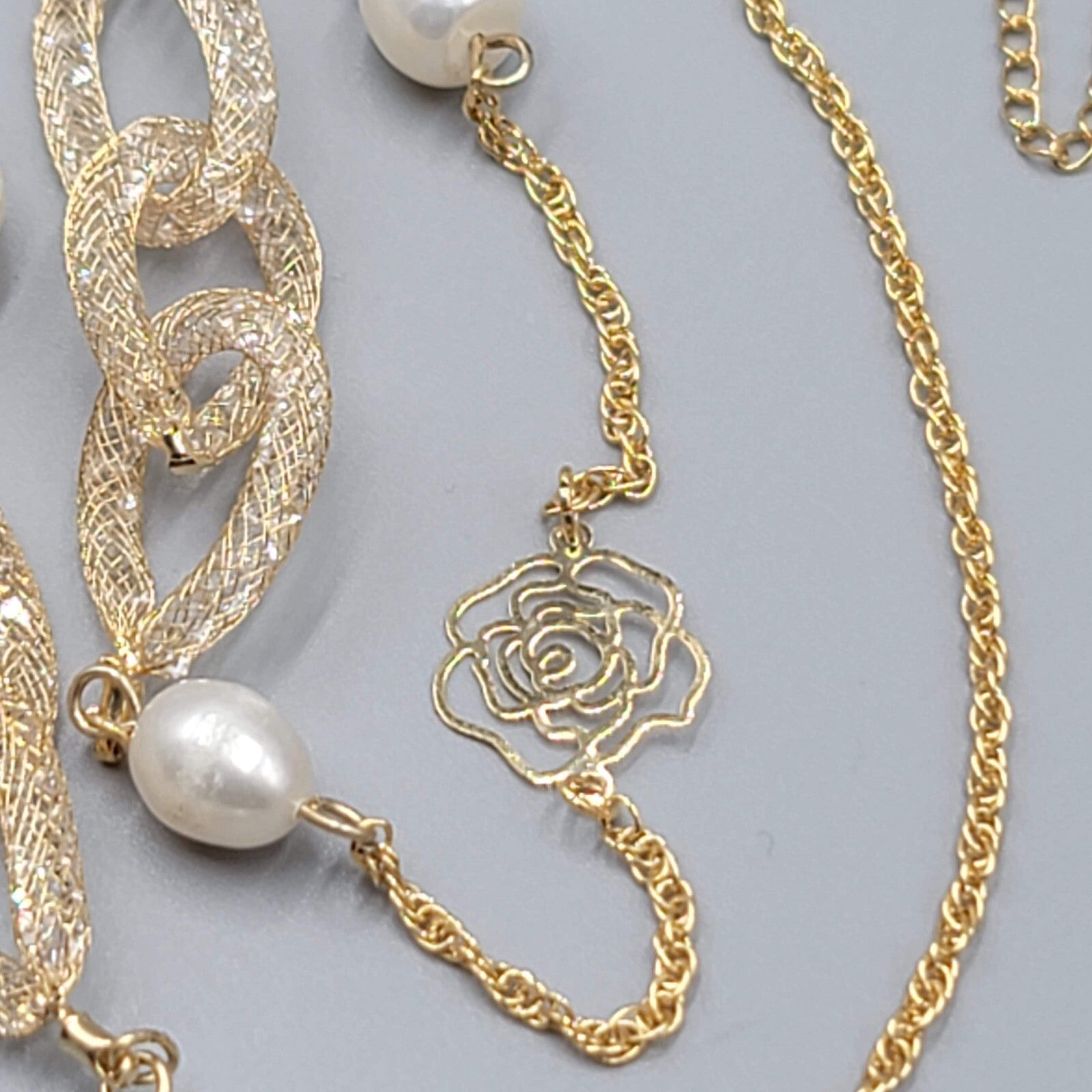Long Dainty Pearl Necklace Gold Plated Mesh Clover Station 40"-42"