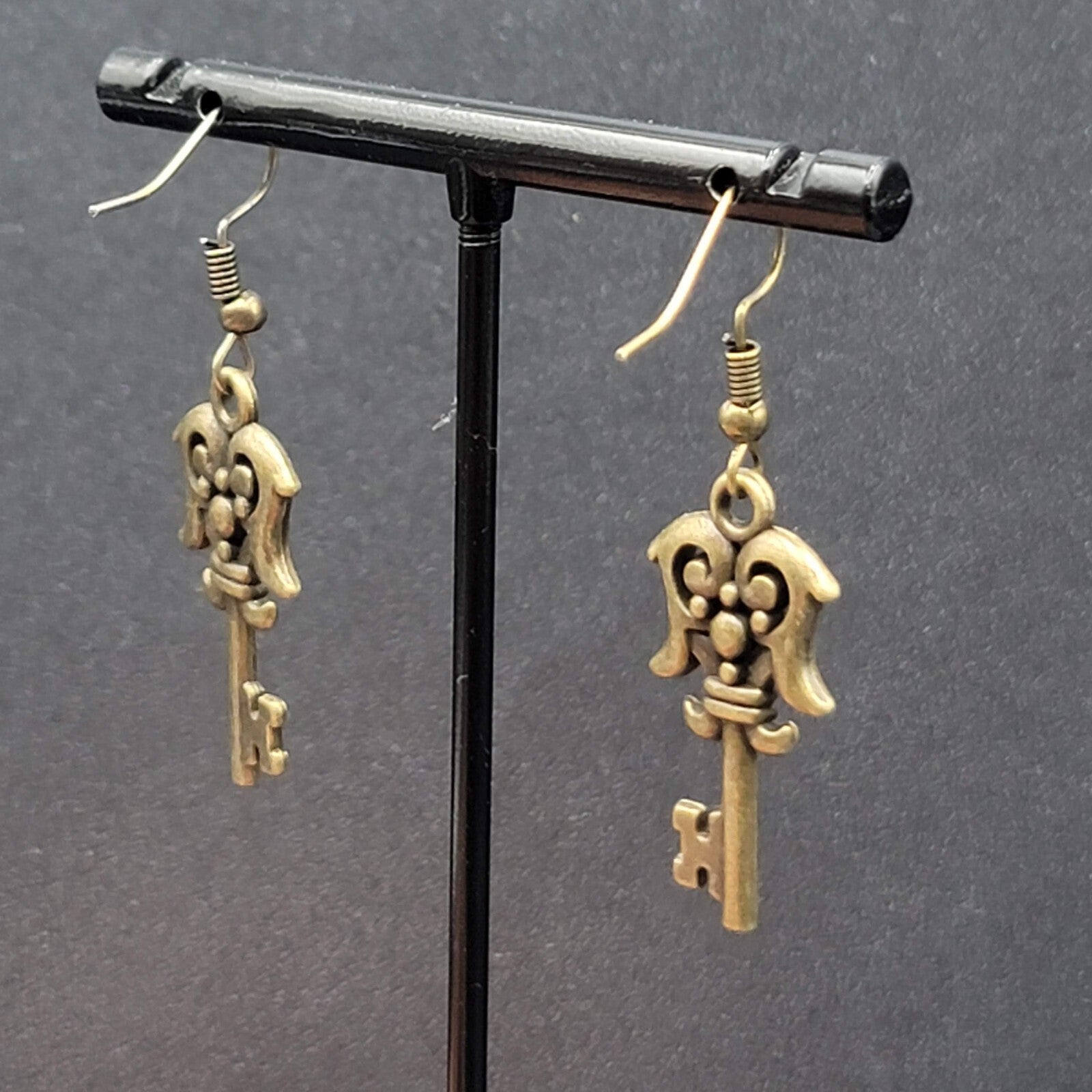 Fancy Skeleton Key Pierced Earrings Bronze tone Dangle NEW  1 1/8"