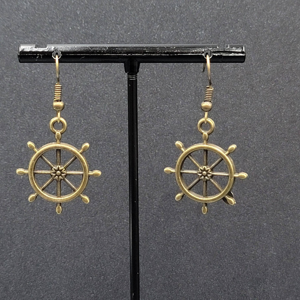 New Helm Pierced Earrings Bronze tone Ships Wheel Nautical Dangle 1"