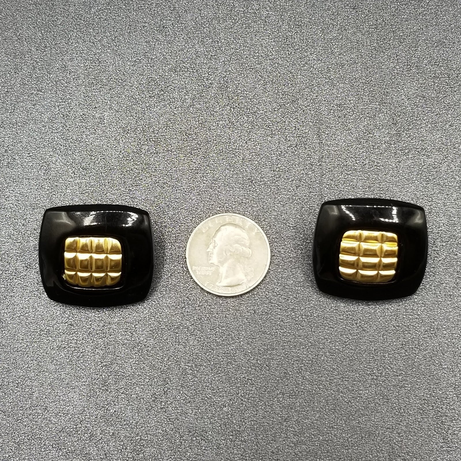 Vintage 1980's Pierced Earrings Black and Gold Acrylic Rectangle Stud 1 1/4"