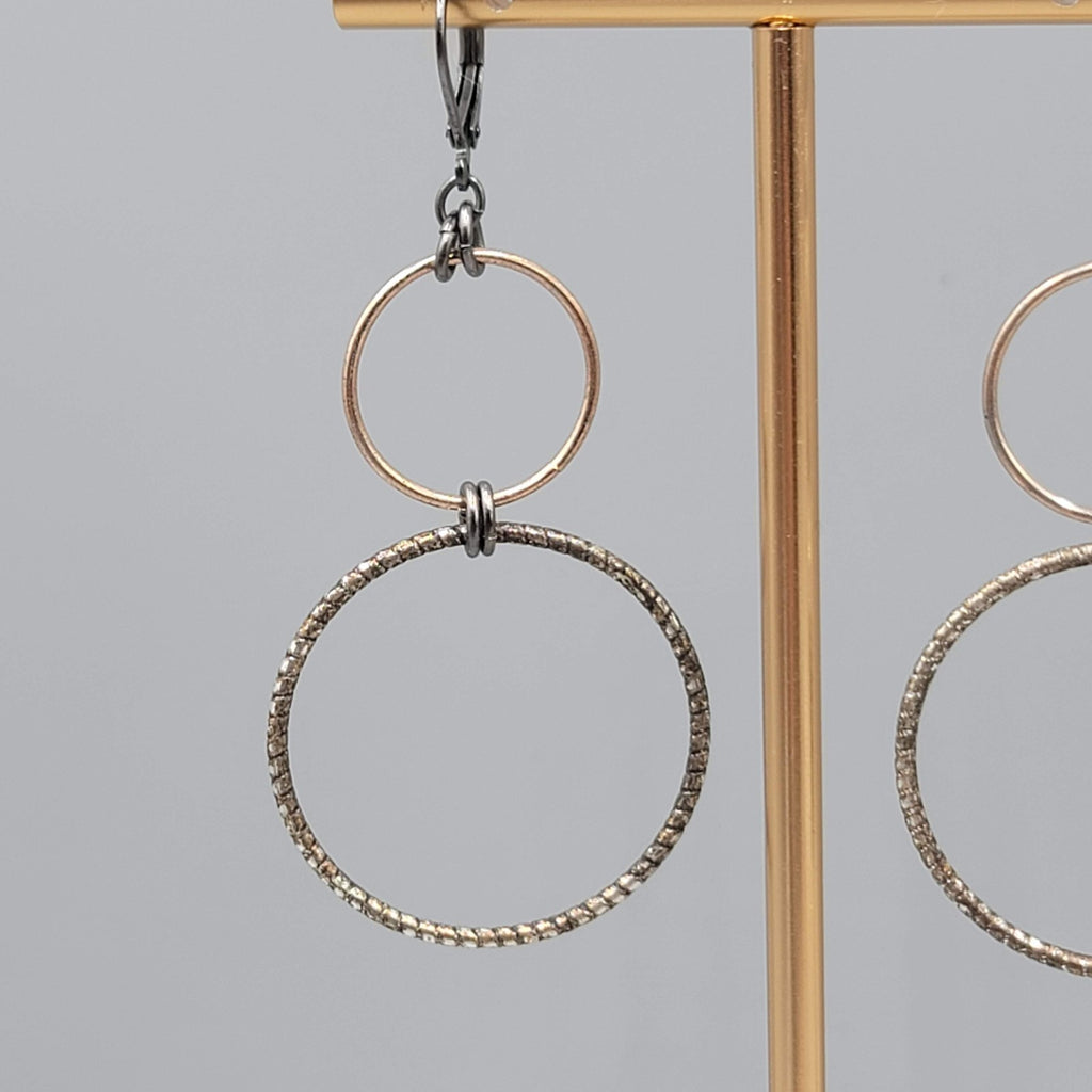Pierced Earrings Black Gold tone Double Ring Dangle 2 in