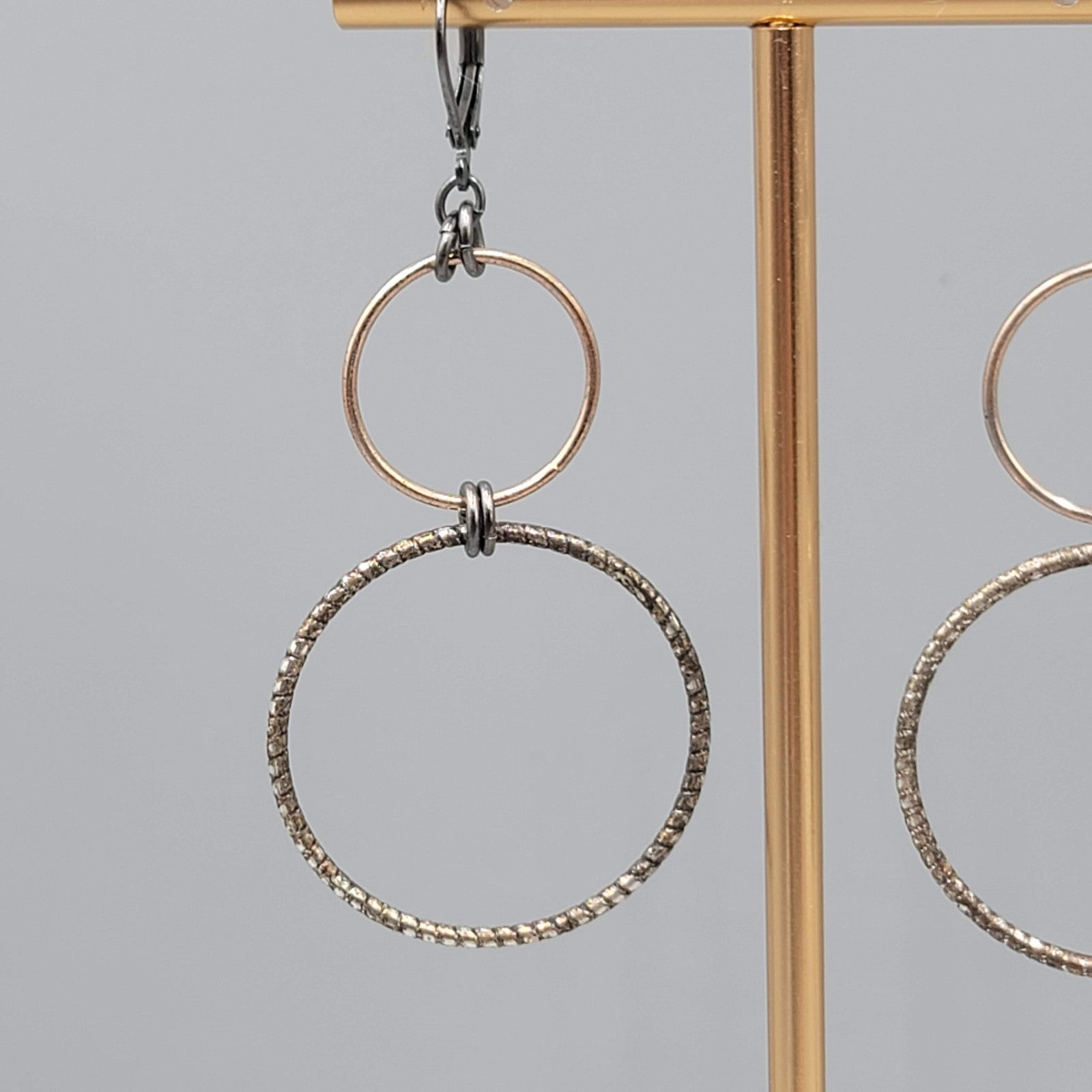 Pierced Earrings Black Gold tone Double Ring Dangle 2 in