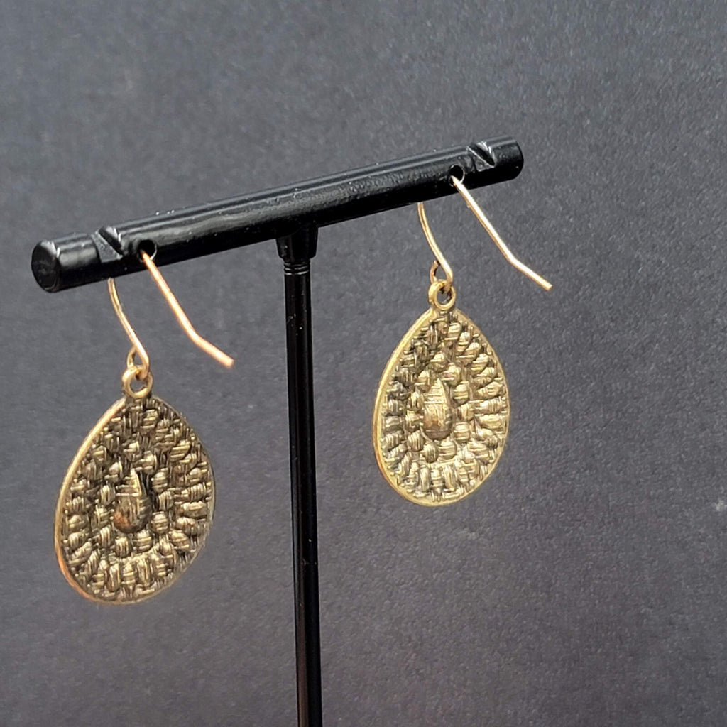 Boho Pierced Earrings Gold tone Teardrop Medallion Dangle 1"