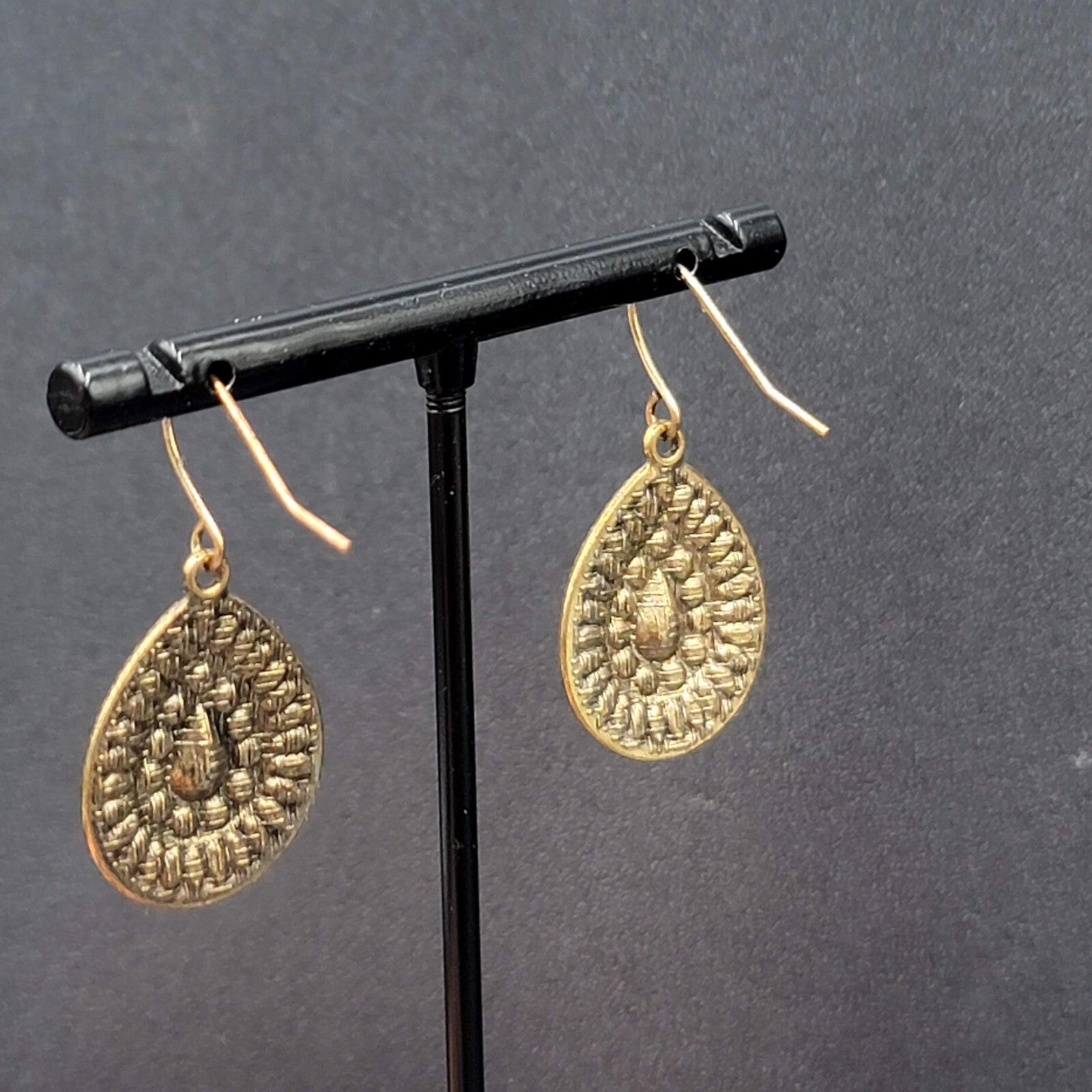 Boho Pierced Earrings Gold tone Teardrop Medallion Dangle 1"