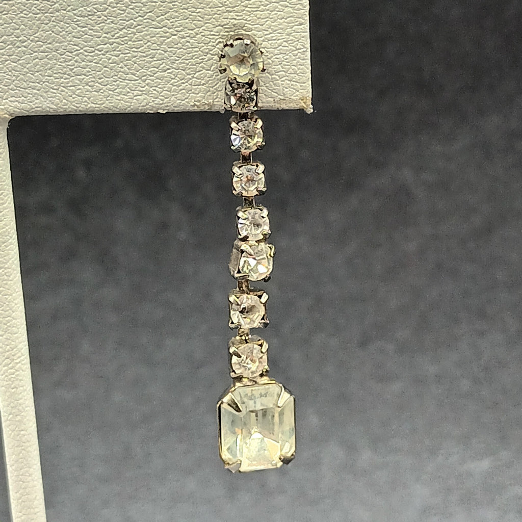 Pierced Earrings Silver tone Rhinestone Retro Dangle 1 3/4"