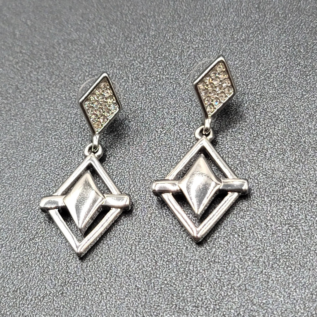 WHBM Pierced Earrings Silver tone Crystal Rhinestone Dangle 1.75"