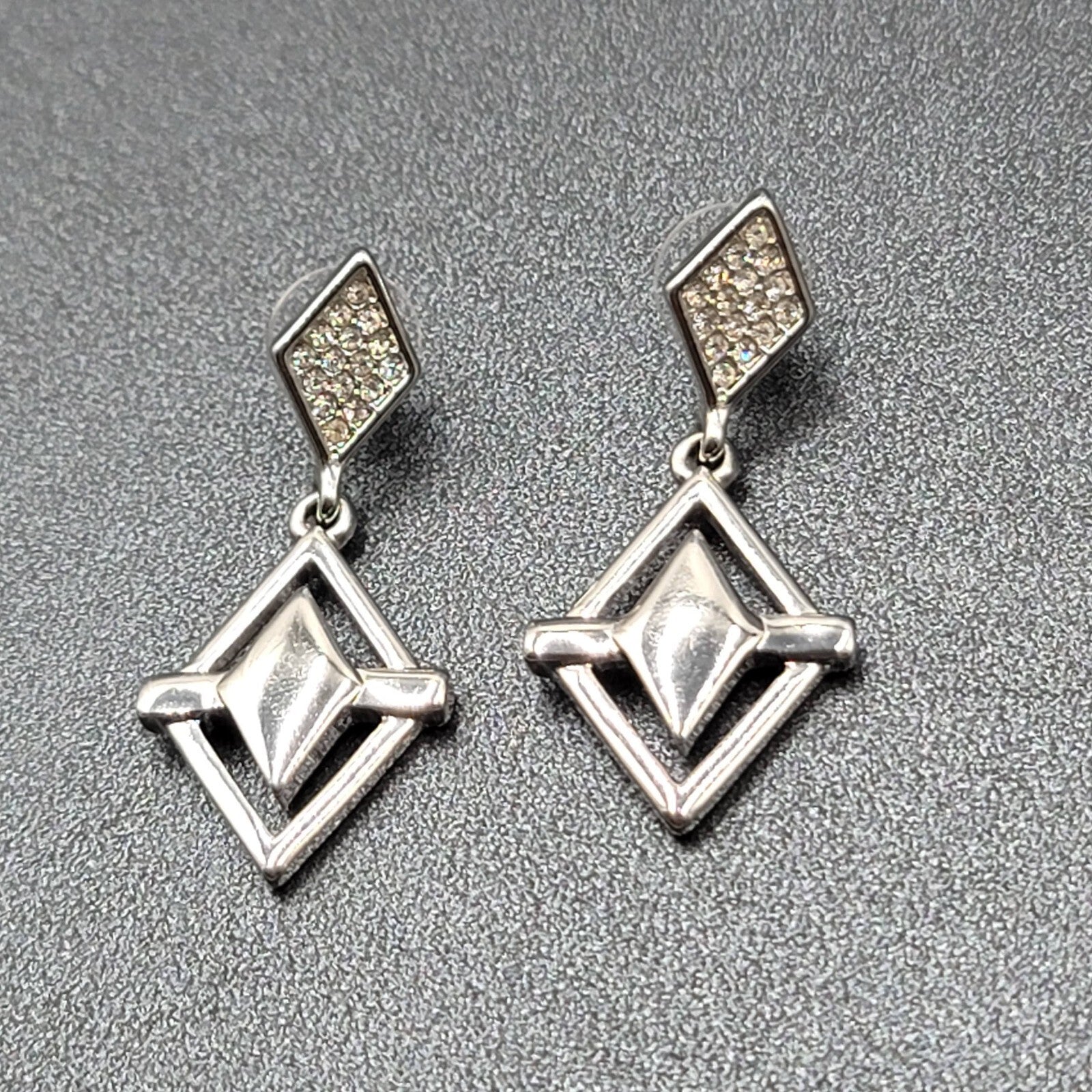 WHBM Pierced Earrings Silver tone Crystal Rhinestone Dangle 1.75"