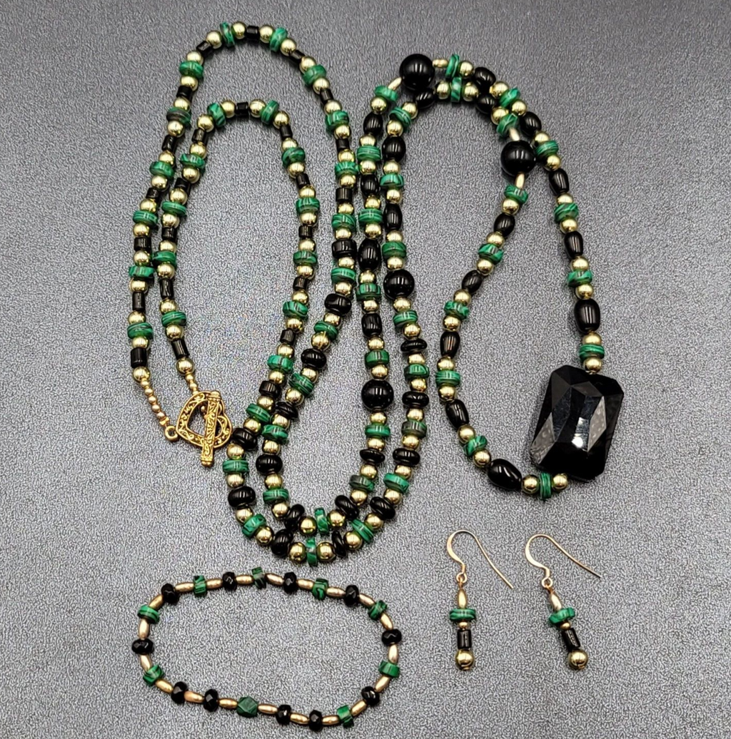 Beaded Necklace Gold tone Faux Malachite Bracelet Earrings Set Jewelry Set 52"