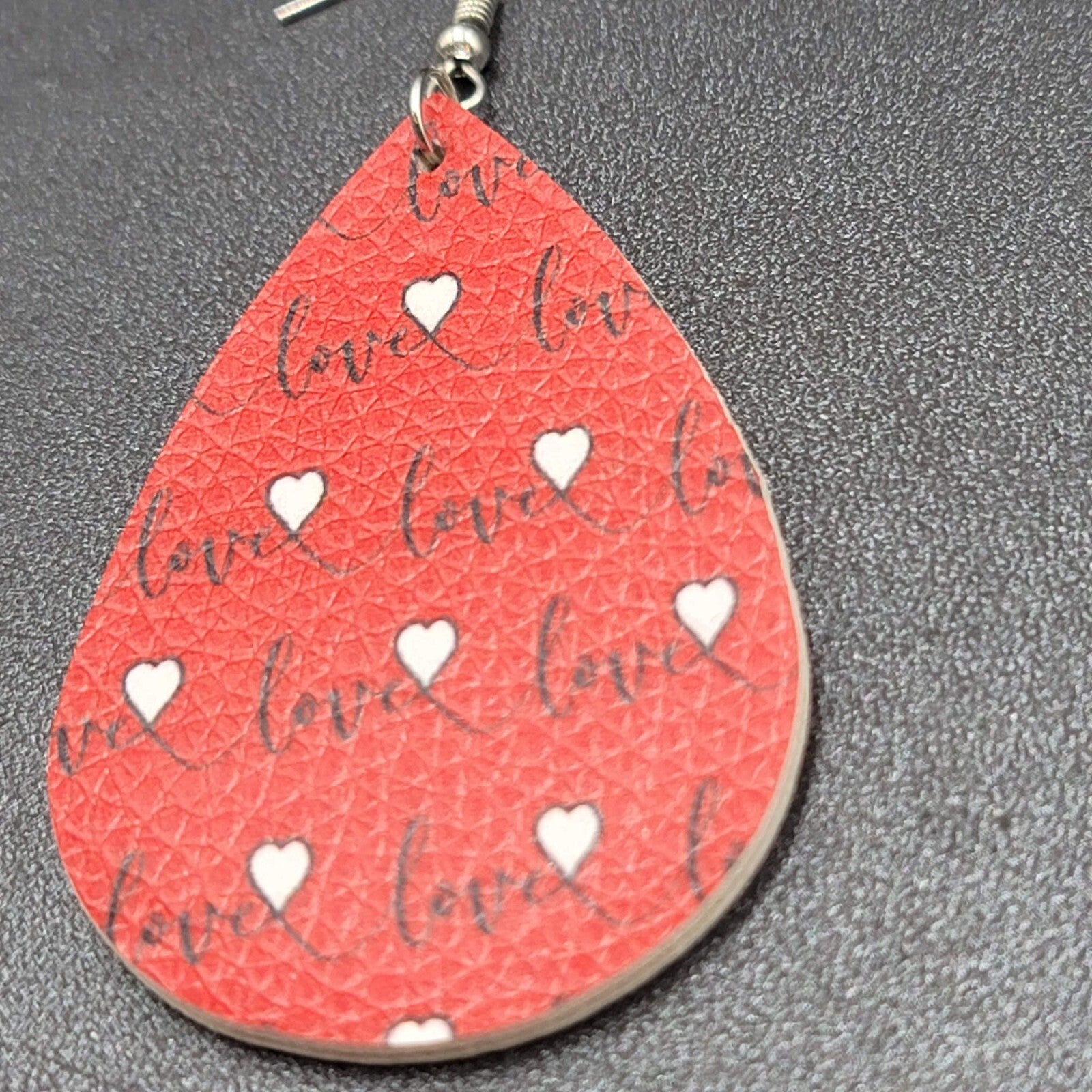 Love Pierced Earrings Faux Leather Valentines Day Teardrop Dangle 2.25"