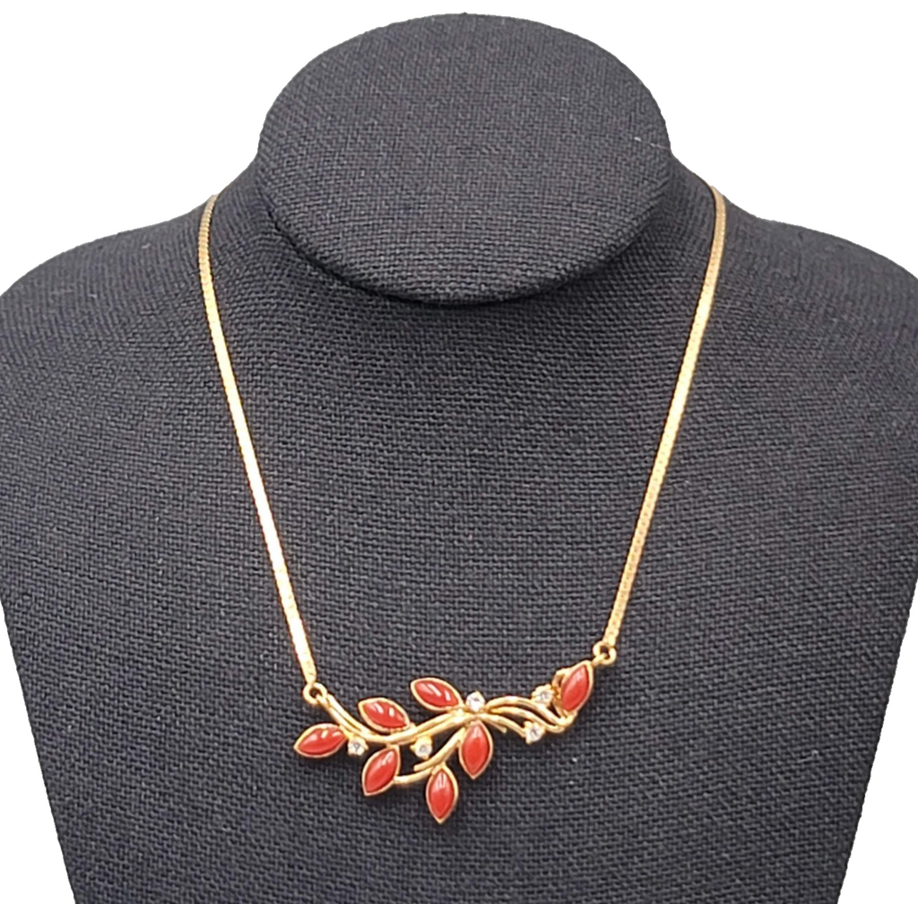 Vintage Herringbone Chain Necklace Red Rhinestone Estate Costume Jewelry 16"
