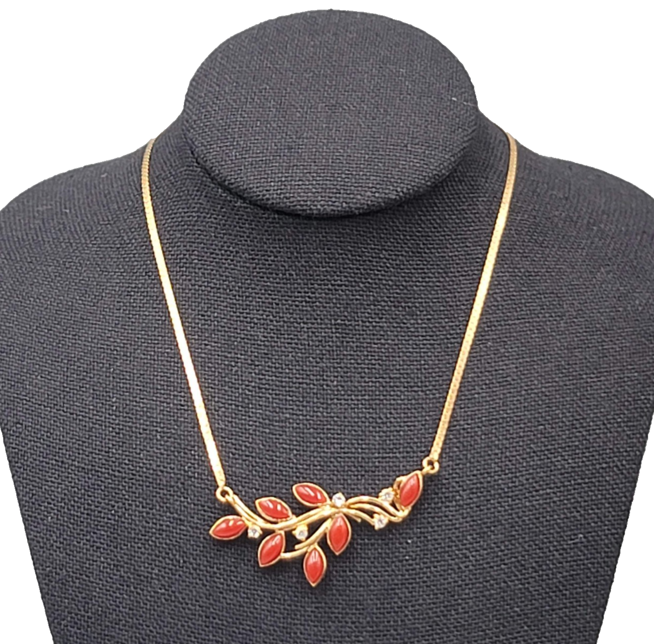 Vintage Herringbone Chain Necklace Red Rhinestone Estate Costume Jewelry 16"