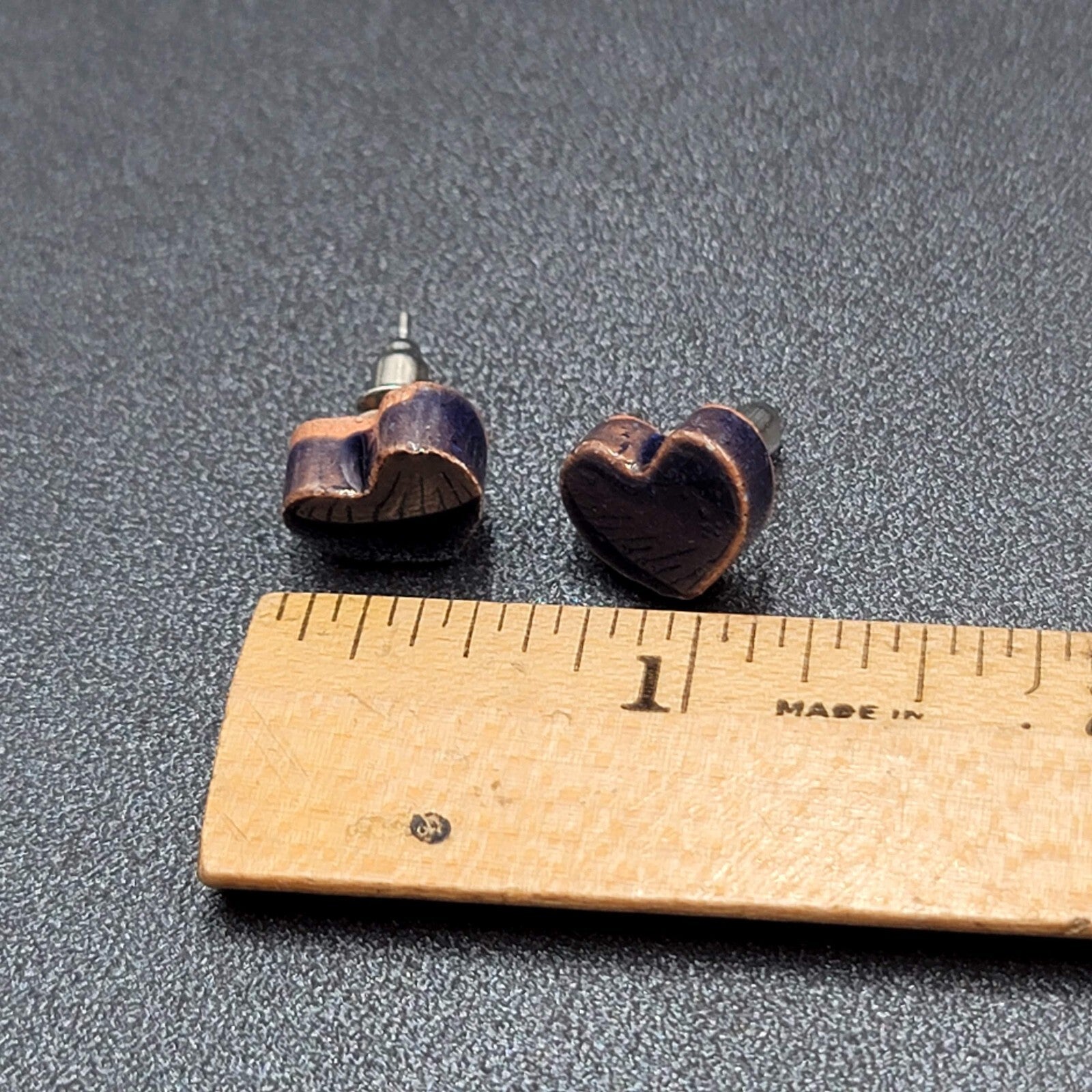 Heart Pierced Earrings Purple Pottery Studs 1/2"