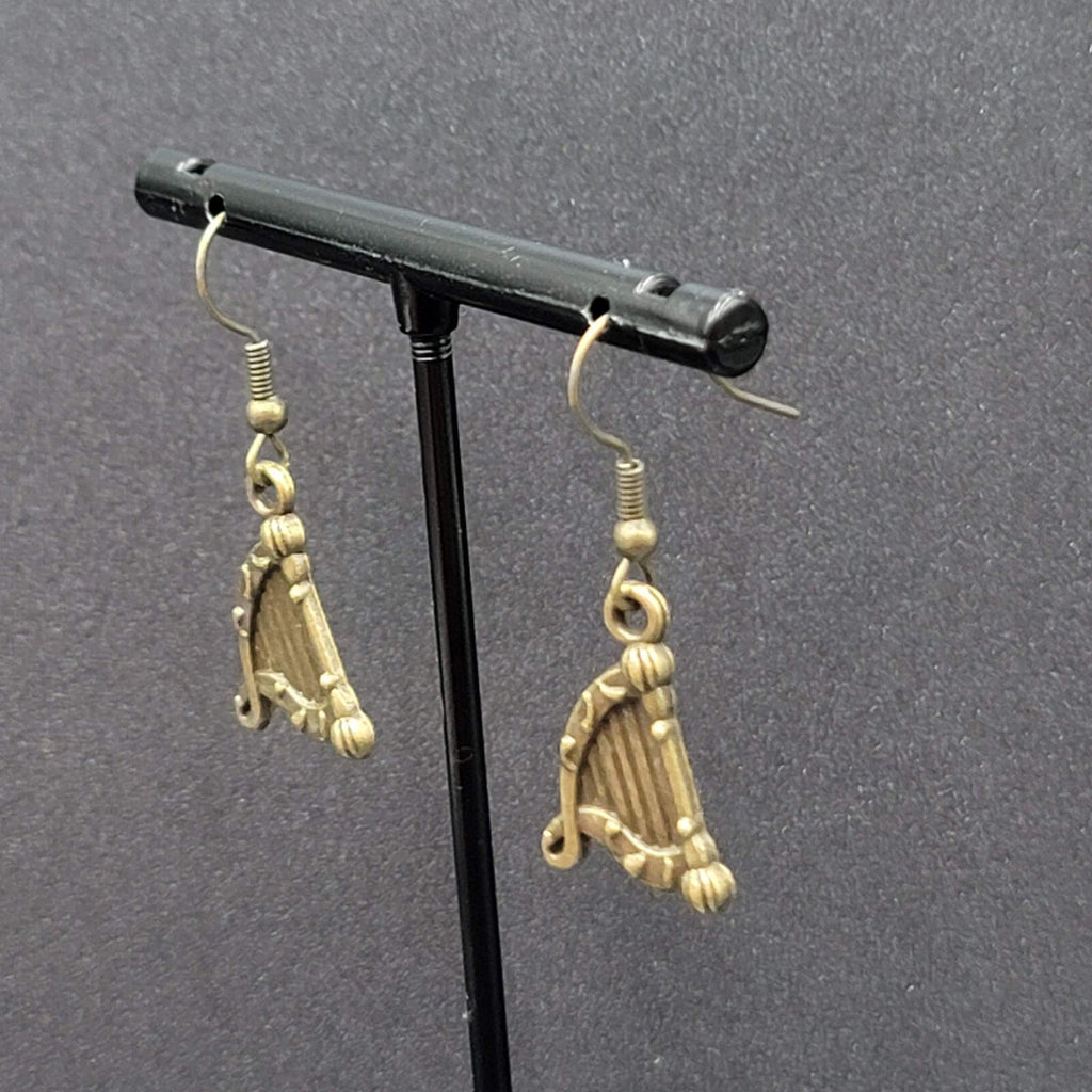 New Harp Pierced Earrings Bronze tone Embossed Dangle 7/8"