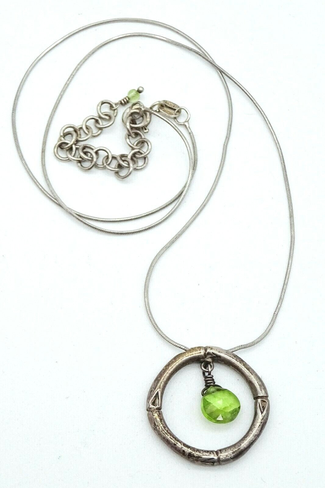 Sterling Silver Green Stone Pendant Necklace Snake Chain 16" - 18"