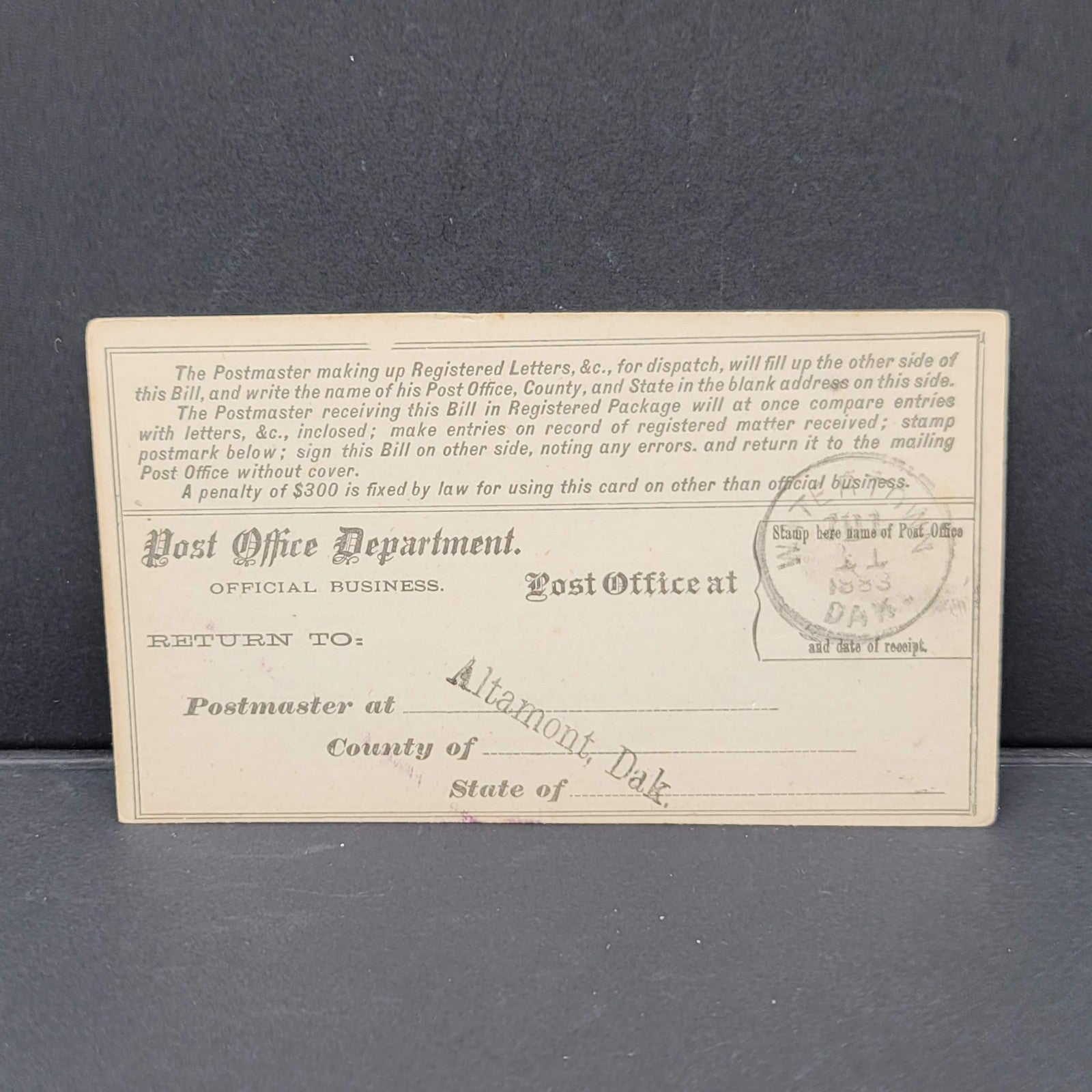1883 U.S. Post Office Department Registry Bill Postal Card Altamont Dakota Brown