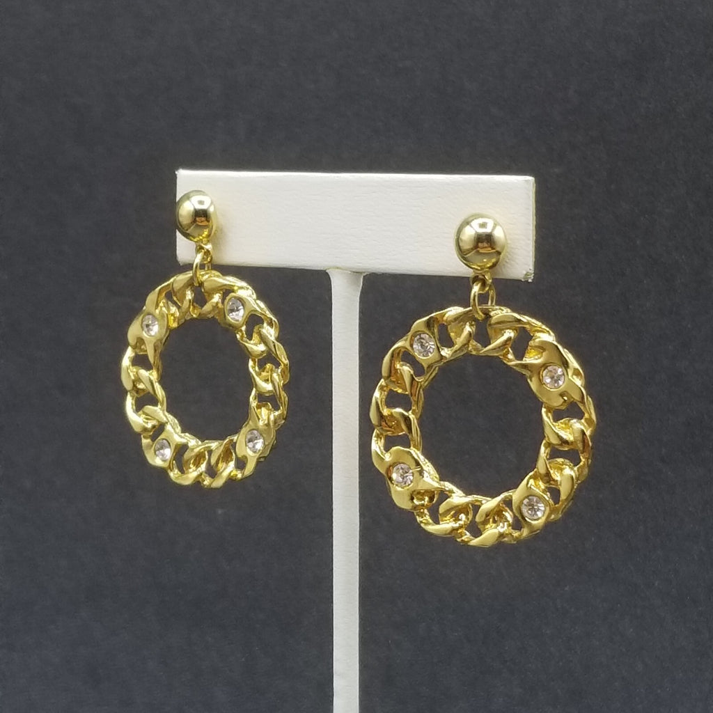 Pierced Earrings Gold tone Crystal Chain Link Open Ring Statement Dangle 1 3/4"