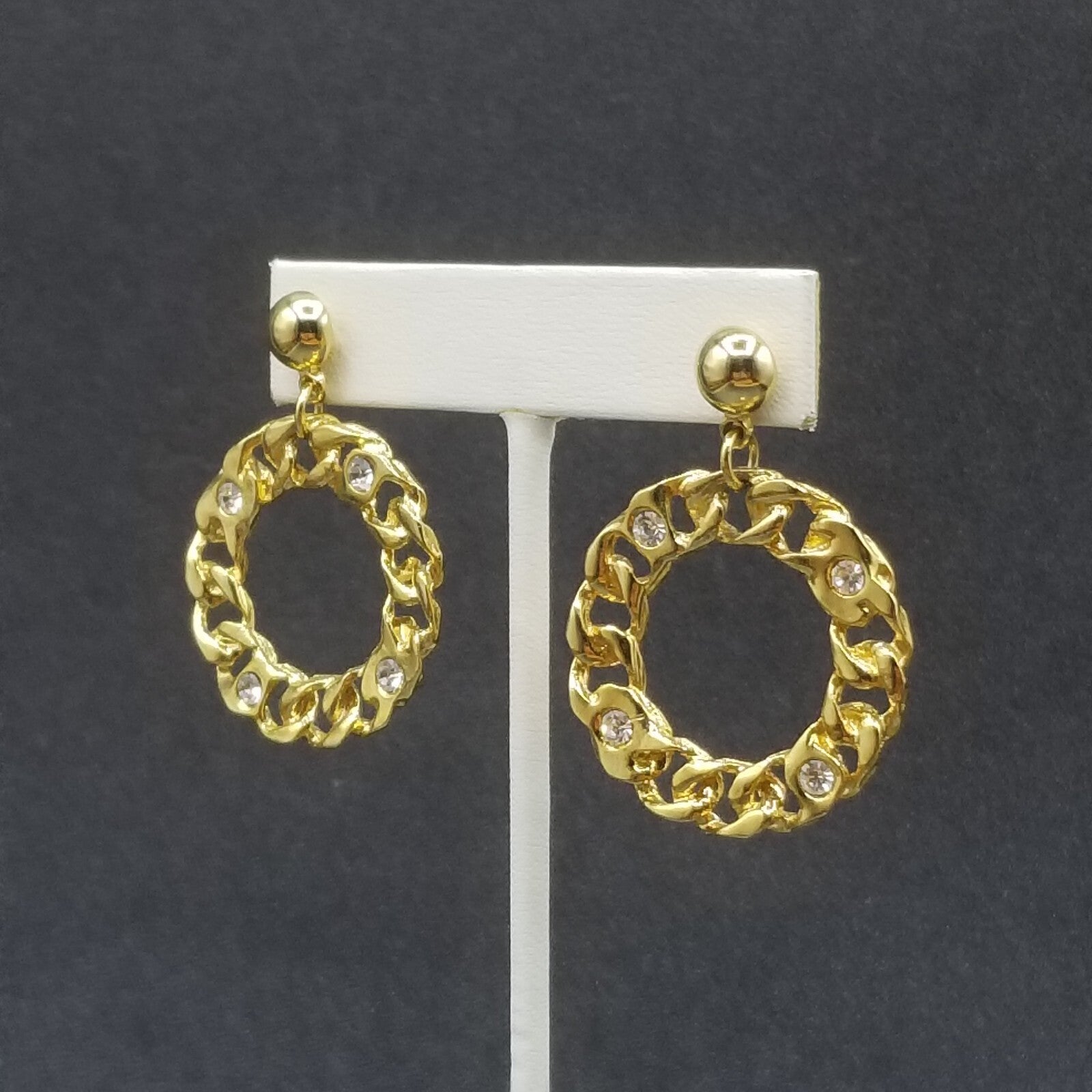 Pierced Earrings Gold tone Crystal Chain Link Open Ring Statement Dangle 1 3/4"