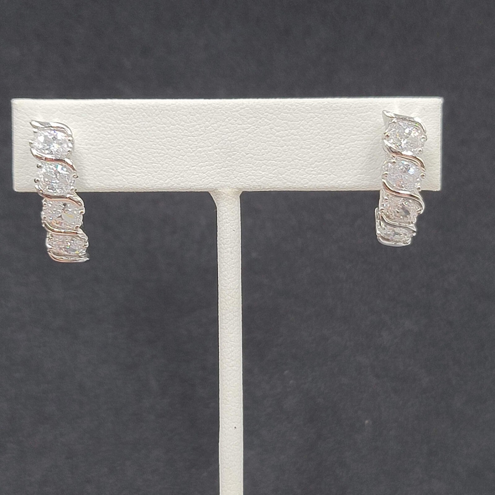Pierced Earrings Silver Plated Cubic Zirconia Drop 7/8"
