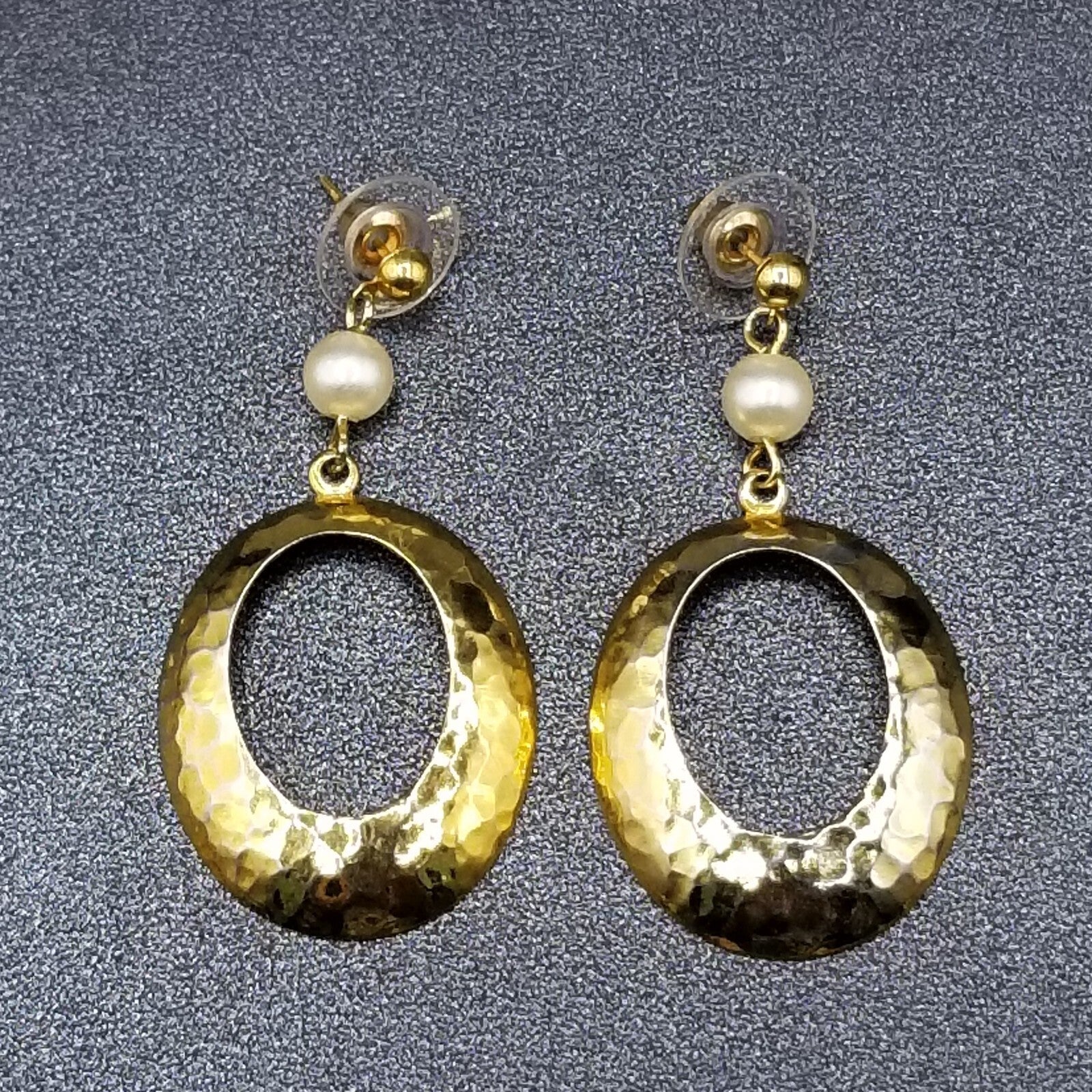 Pierced Earrings Gold tone Faux Pearl Hammered Oval Dangle 1 7/8"