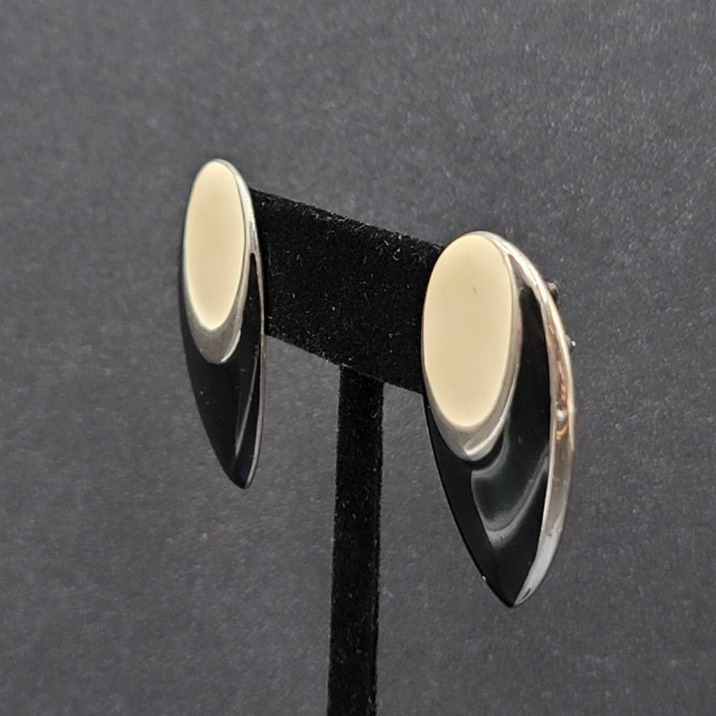 Vintage Pierced Earrings Silver tone Black Cream Enamel Drop 1 3/8"