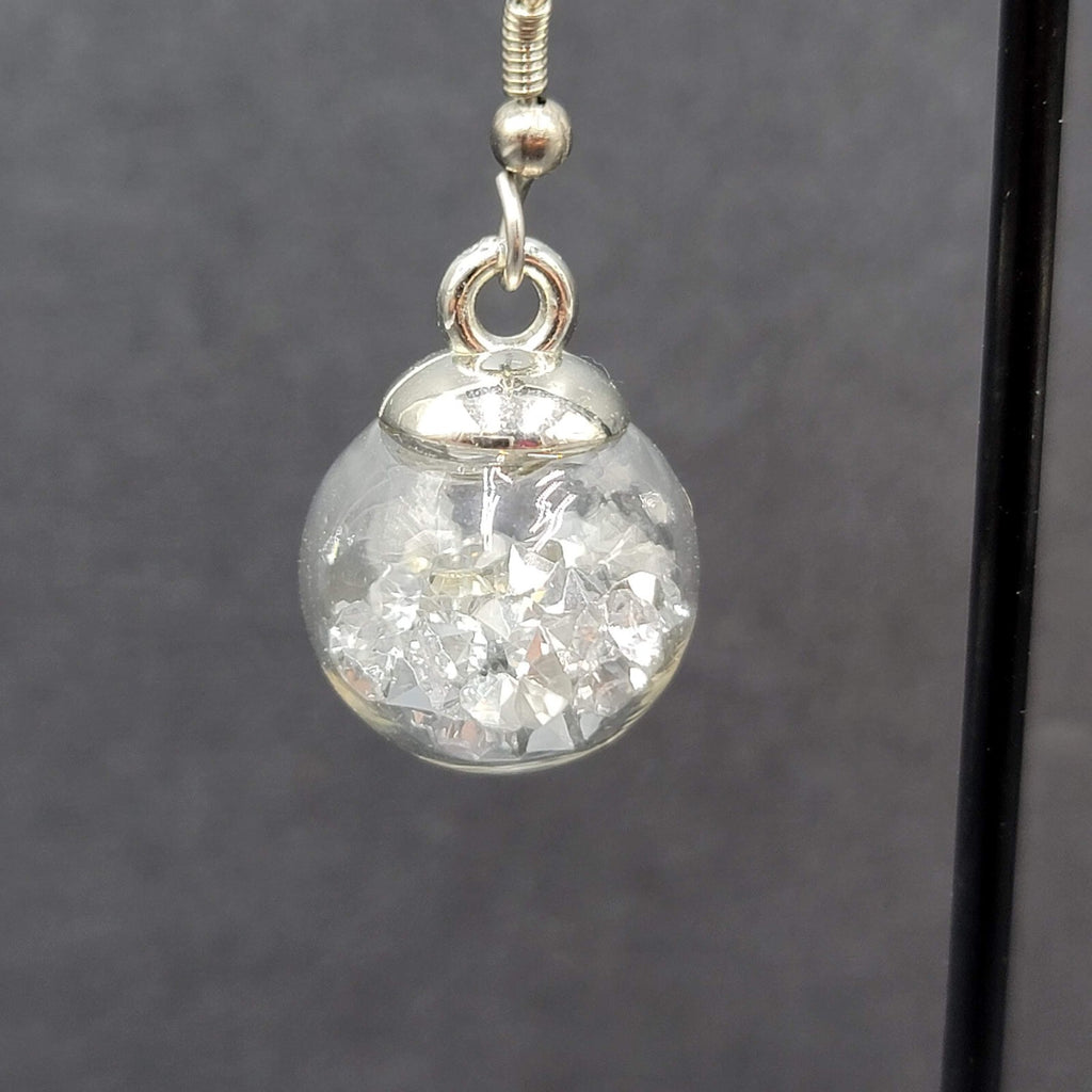 Pierced Earrings Silver tone Loose Clear Rhinestones Filled Sphere Dangle 3/4"