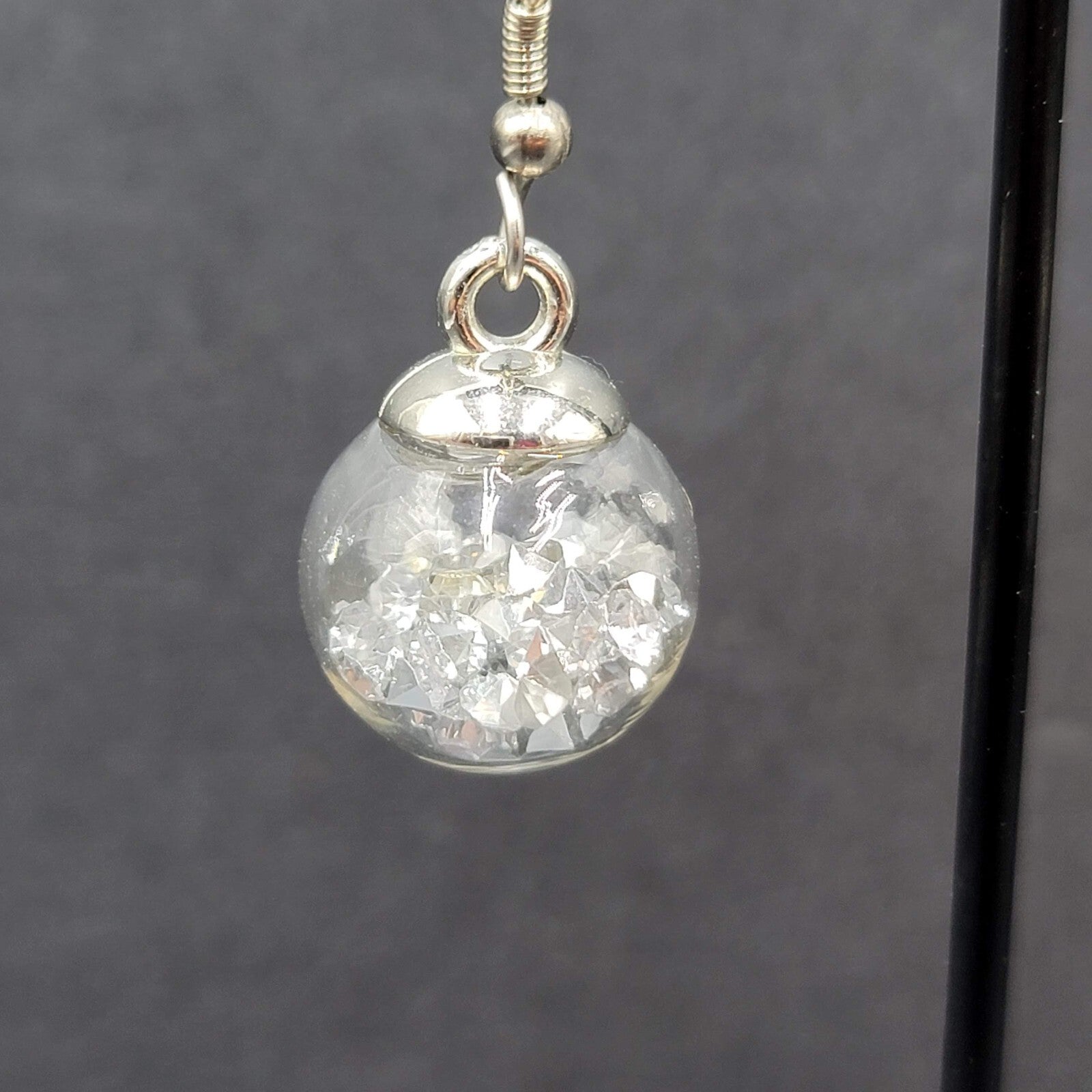 Pierced Earrings Silver tone Loose Clear Rhinestones Filled Sphere Dangle 3/4"