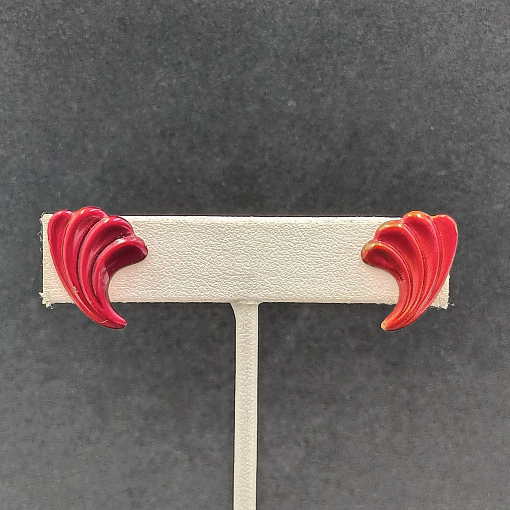 Vintage Pierced Earrings Red Enamel Textured Small Drop 3/4"