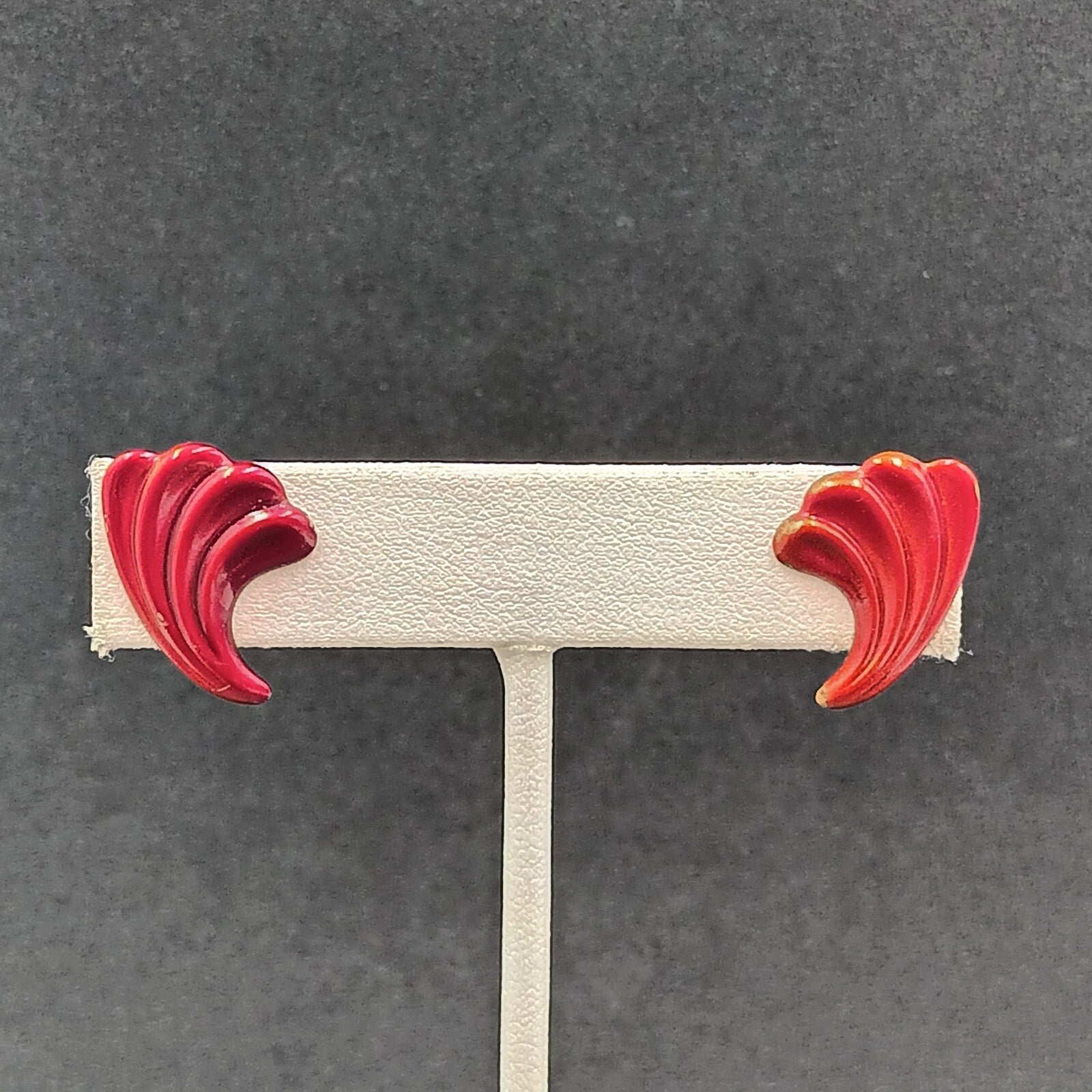 Vintage Pierced Earrings Red Enamel Textured Small Drop 3/4"