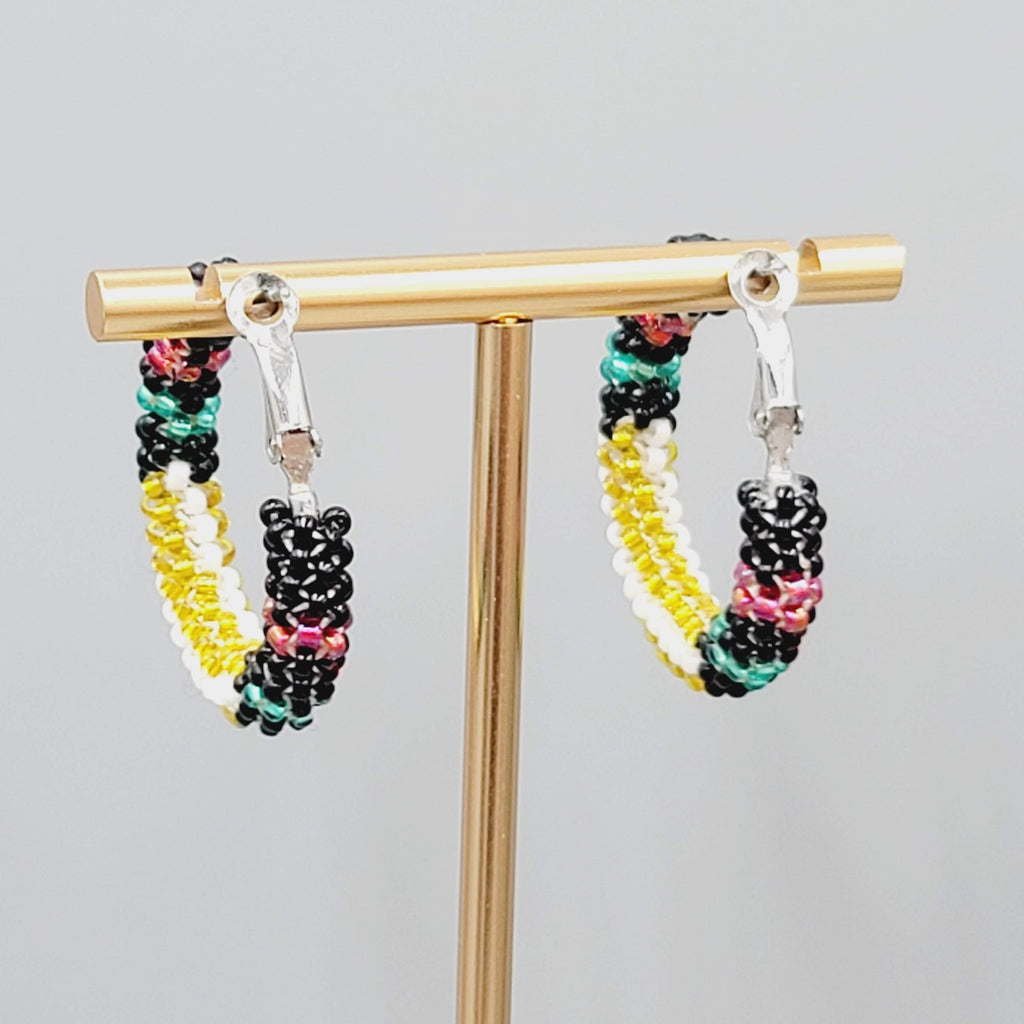Multicolor Seed Bead Wrapped Hoops Pierced Earrings Silver tone 1.25"